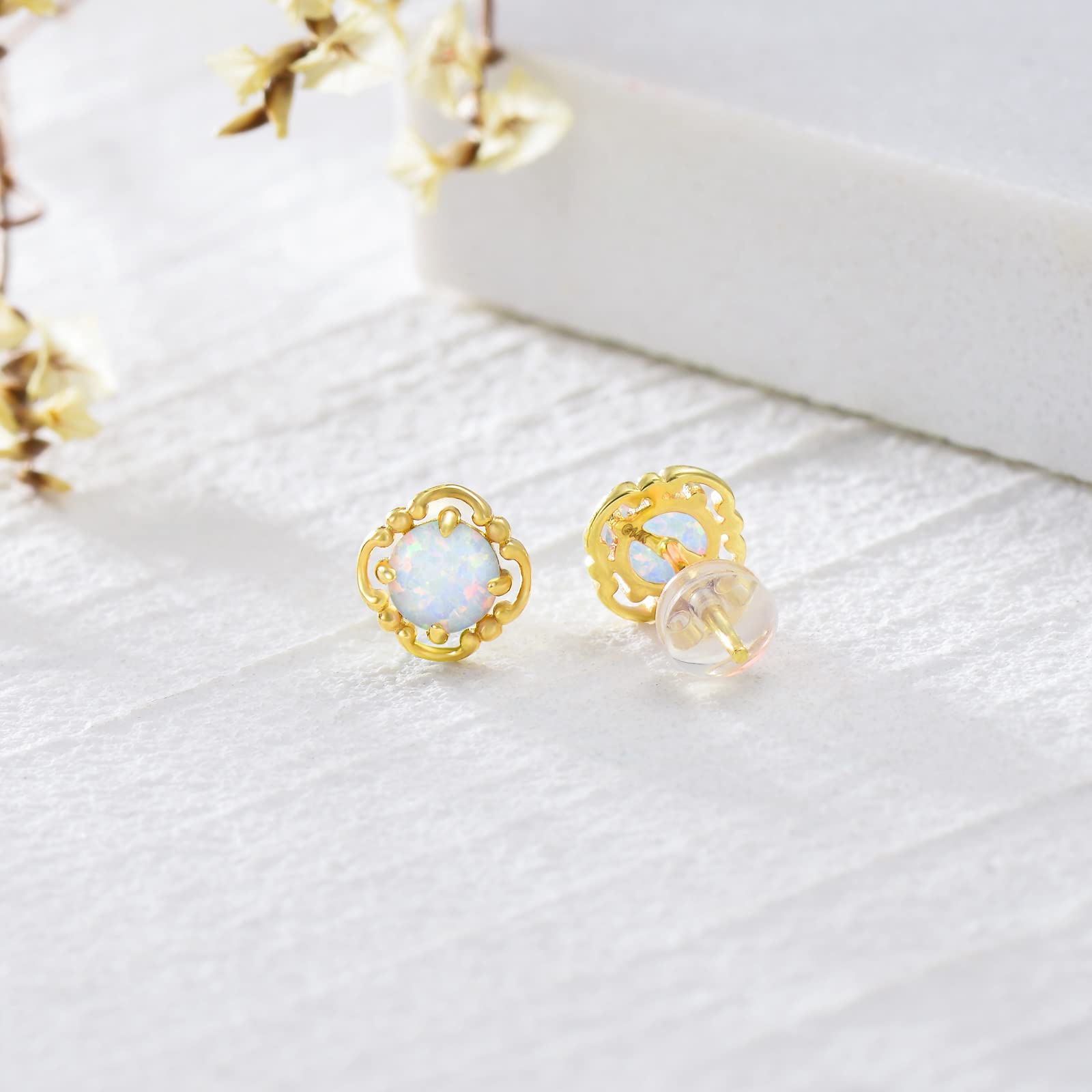 14K Solid Yellow Gold Opal Earrings for Women - Flower, Triangle, Star & Vintage Opal Stud Earrings | Dainty Opal Jewelry Gifts for Birthday, Anniversary & Special Occasions