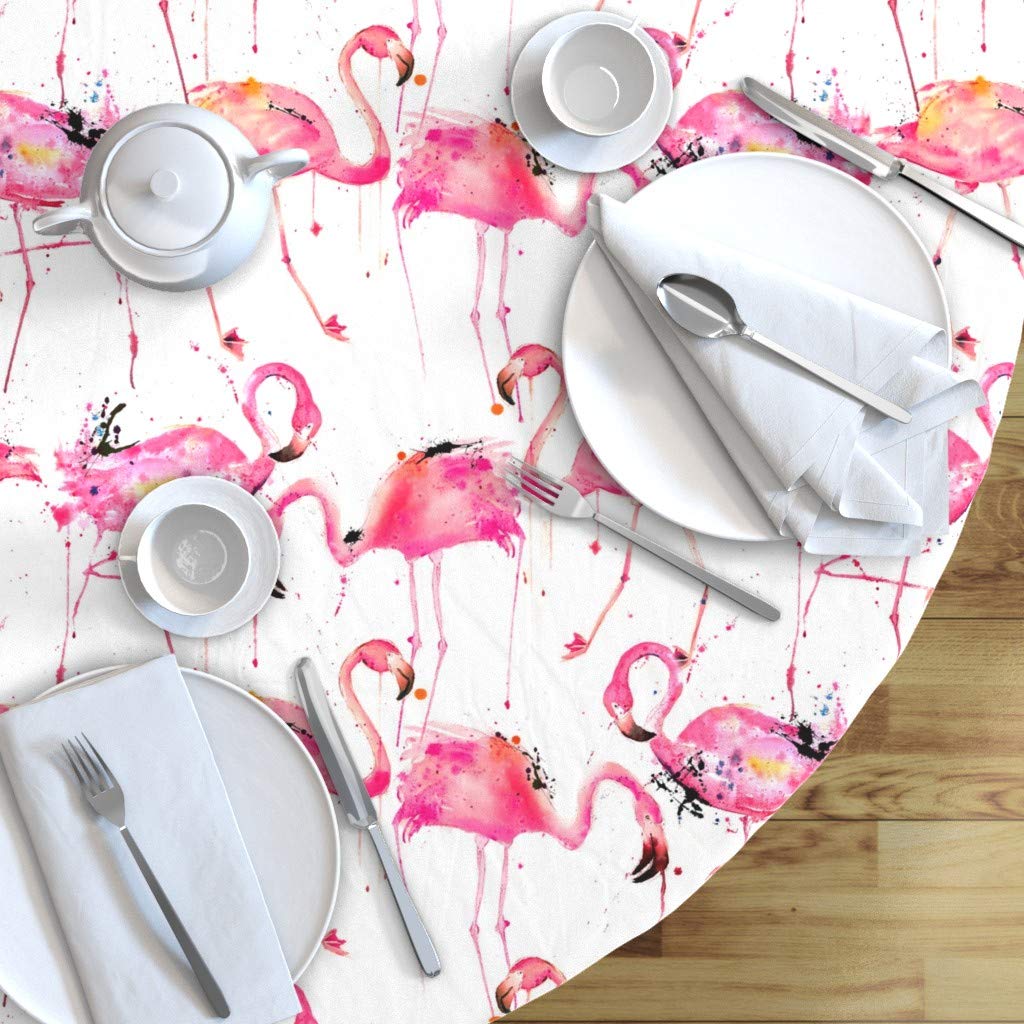 Custom Pink Flamingo Watercolor Tropical Bird Print Cotton Sateen Tablecloth - 90