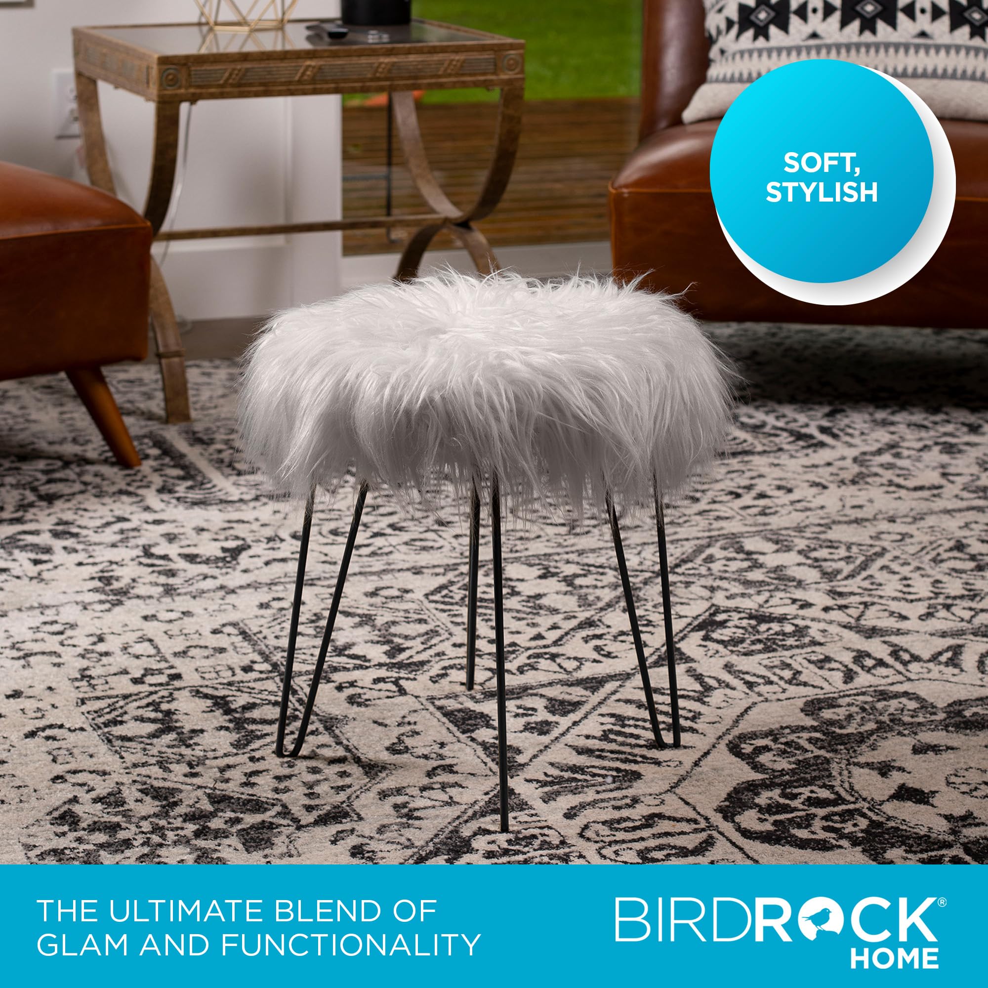 BIRDROCK HOME Round Faux Fur Foot Stool Ottoman with Black Hairpin Legs - Soft Padded Vanity Seat Makeup Chair for Bedroom, Living Room & Kids Room - Grey - Perfect for Reading Nook, Dressing Table & Lounge Decor