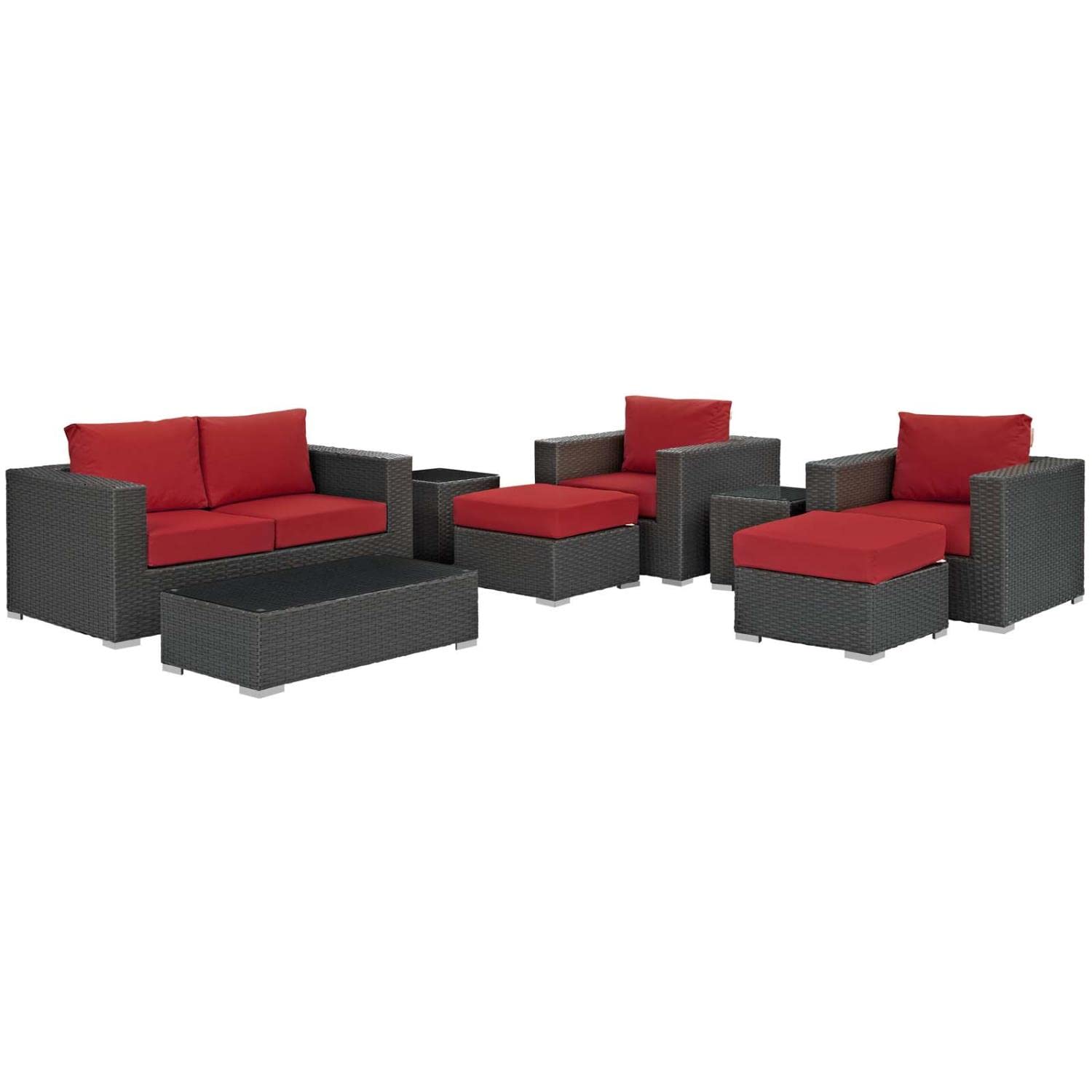 Modway Sojourn 8-Piece Outdoor Patio Sectional Set - Wicker Rattan Furniture with Sunbrella Canvas Red Cushions for Backyard, Poolside & Garden Relaxation