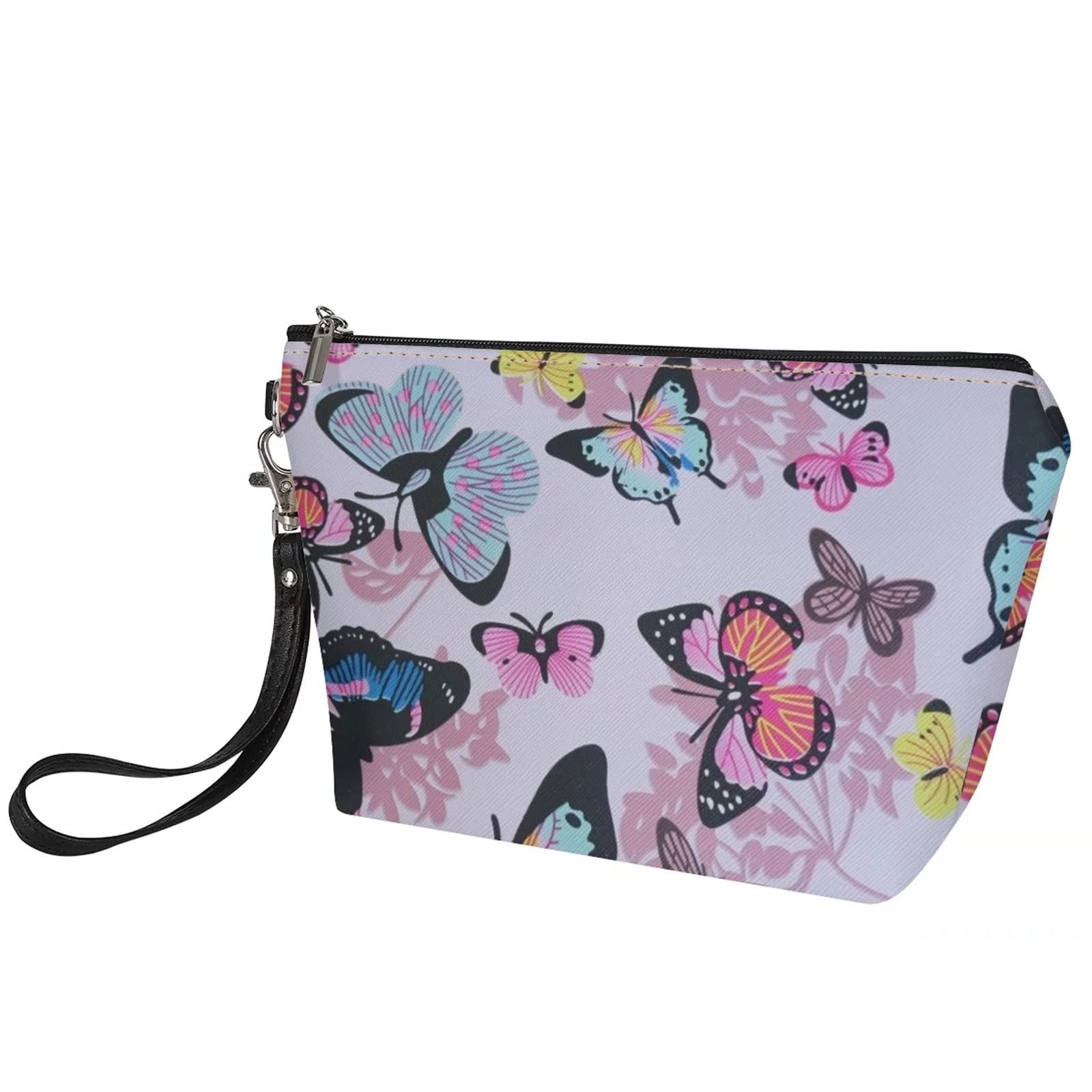 Sannovo Women's Butterfly Print Cosmetic Bag - PU Leather Travel Makeup Organizer with Handle, Lightweight Toiletry Case for Women | Perfect for Travel, Gym, and Daily Essentials Storage
