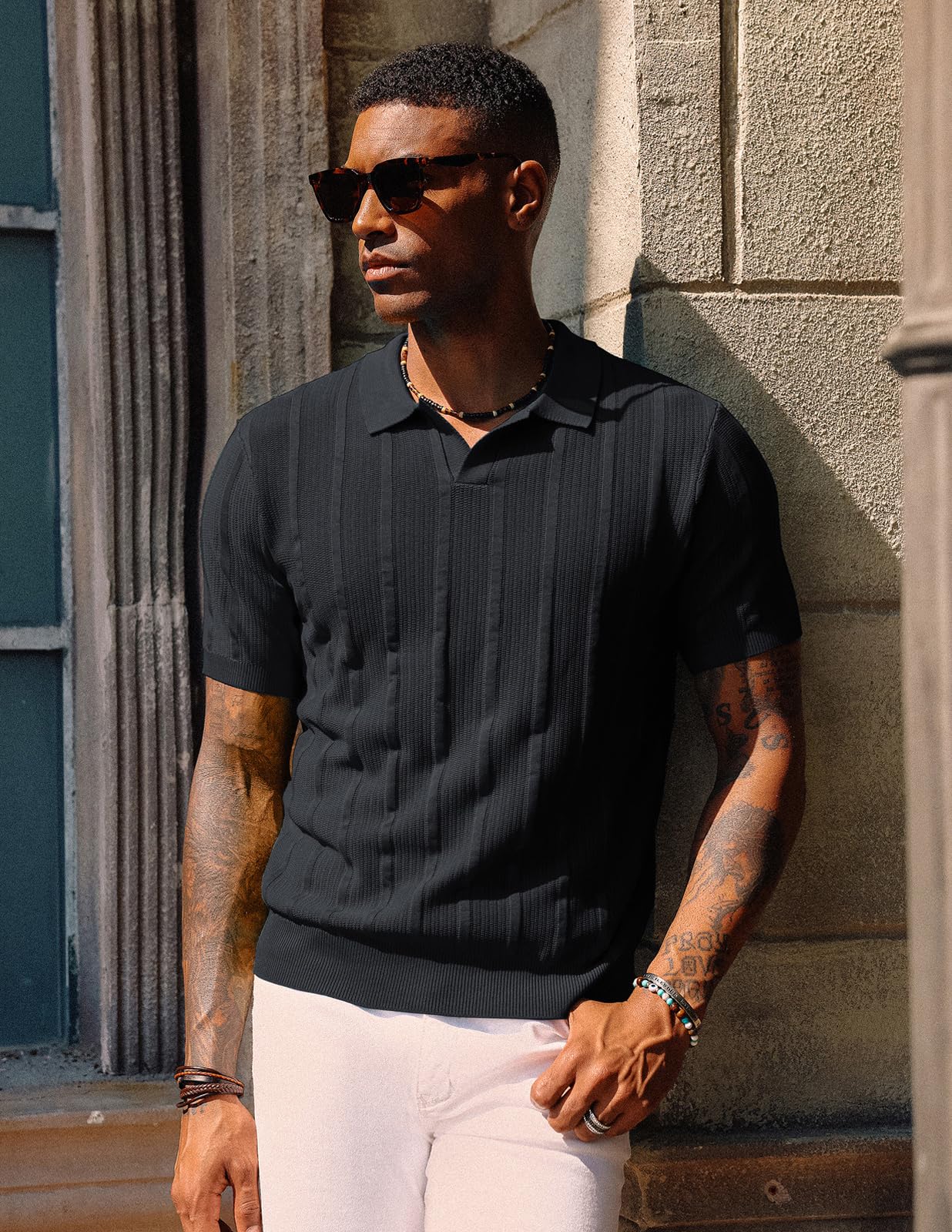 PJ PAUL JONES Men's Textured Knit V-Neck Polo Shirts - Breathable Summer Casual Shirt for Golf, Office & Outdoor Activities