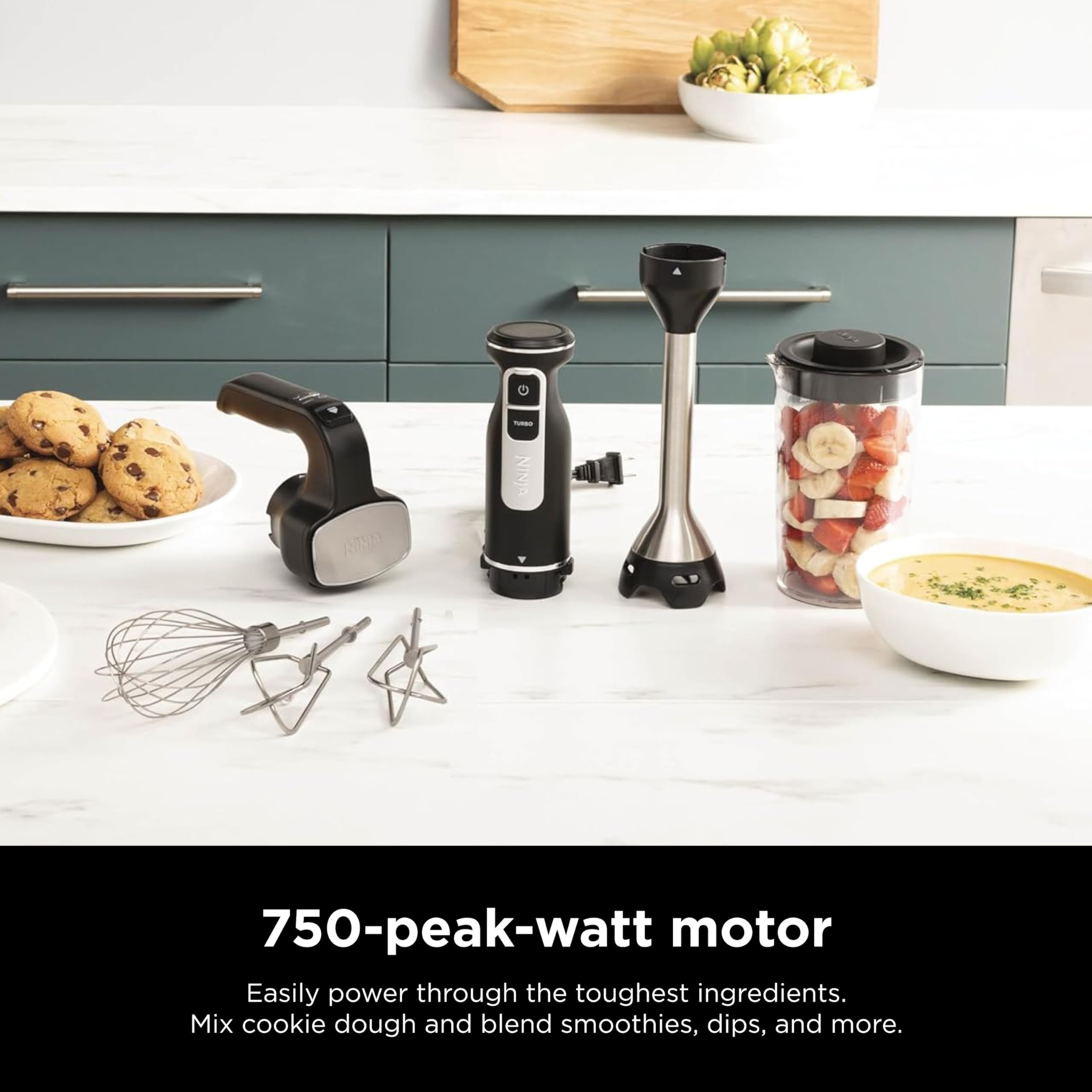 Ninja Foodi Power Mixer System - 750W Handheld Immersion Blender & Electric Hand Mixer Combo with Whisk, Beaters & 3-Cup Blending Vessel (120V, Black) - Perfect for Smoothies, Soups, Baking & Kitchen Prep