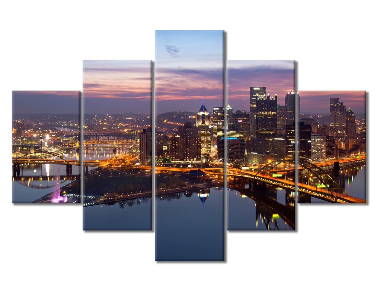 Pittsburgh Skyline Canvas Wall Art - Panoramic Night View of Downtown Pennsylvania Cityscape - Modern Framed Bedroom Decor Ready to Hang (60