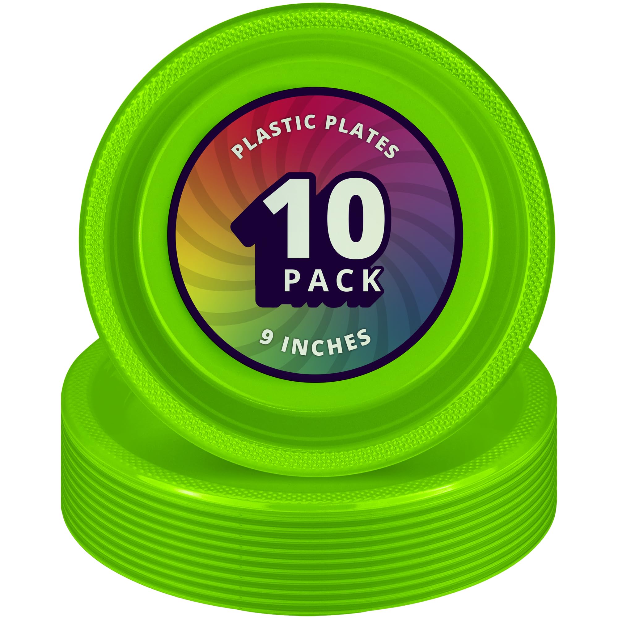 10-Pack Large 9-Inch Plastic Dinner Plates - Disposable Lime Green Tableware for Kids Birthday Parties, Picnics, BBQs & Outdoor Events