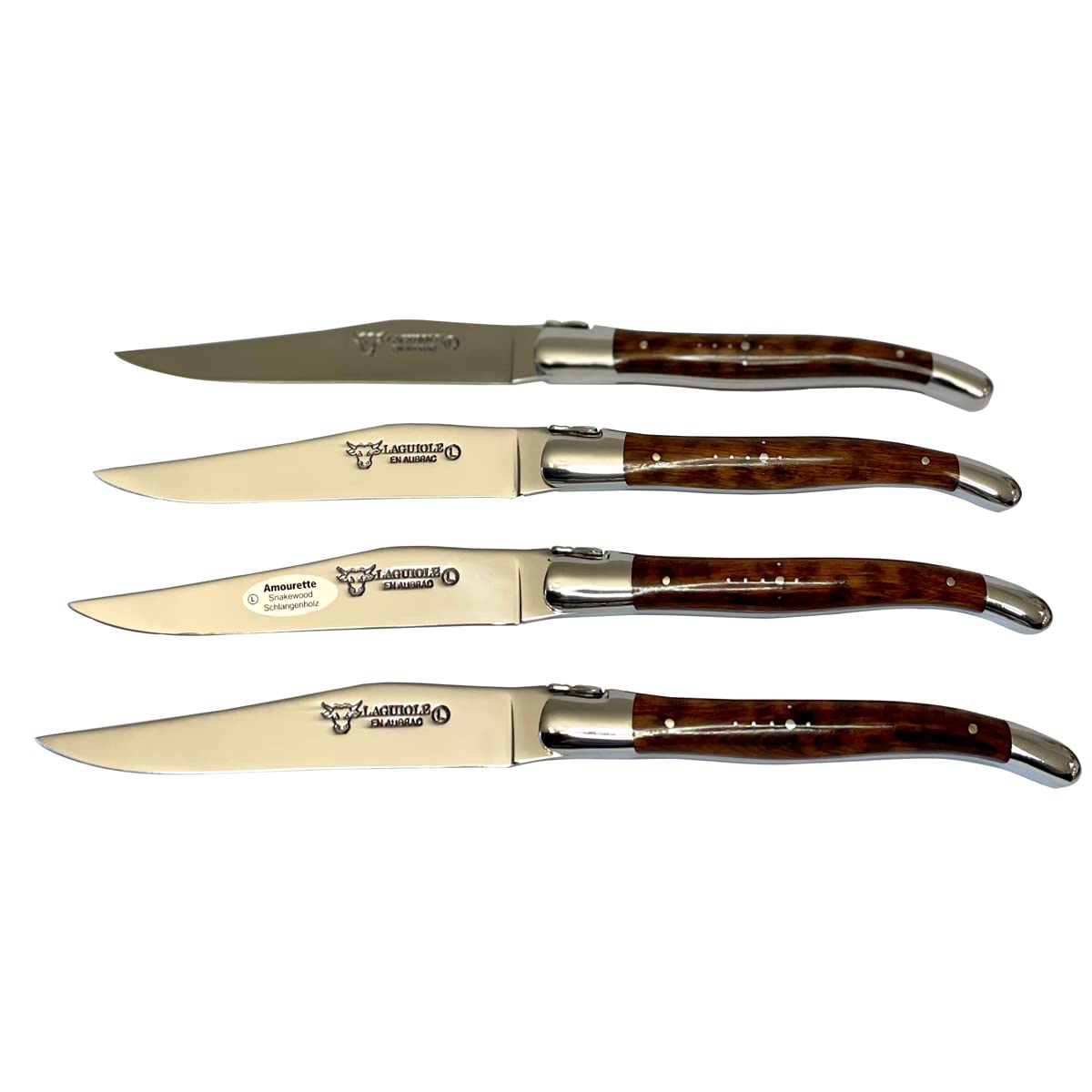 Laguiole en Aubrac Luxury Forged Full Tang Stainless Steel Steak Knives Set - 4-Piece with Amourette Snakewood Handle & Shiny Bolsters - Perfect for Fine Dining, Steakhouse Experience & Gourmet Gifts