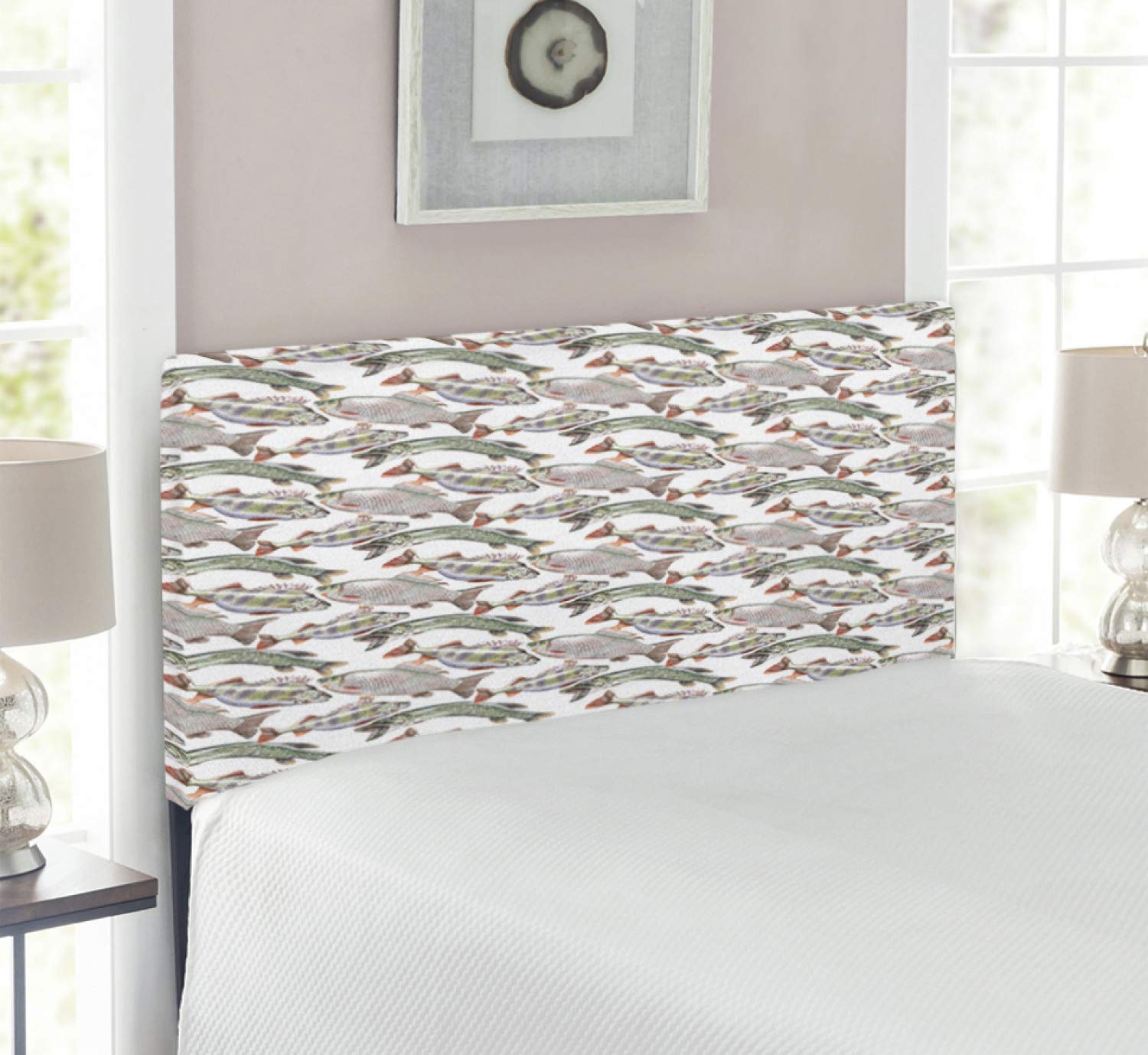 Ambesonne Fishes Headboard - Watercolor Common Carp Perch Bass Freshwater Animals Seafood Themed Upholstered Metal Bed Headboard with Memory Foam, Twin Size, Multicolor - Perfect for Kids' Rooms, Coastal Themed Bedrooms & Fishing Enthusiasts