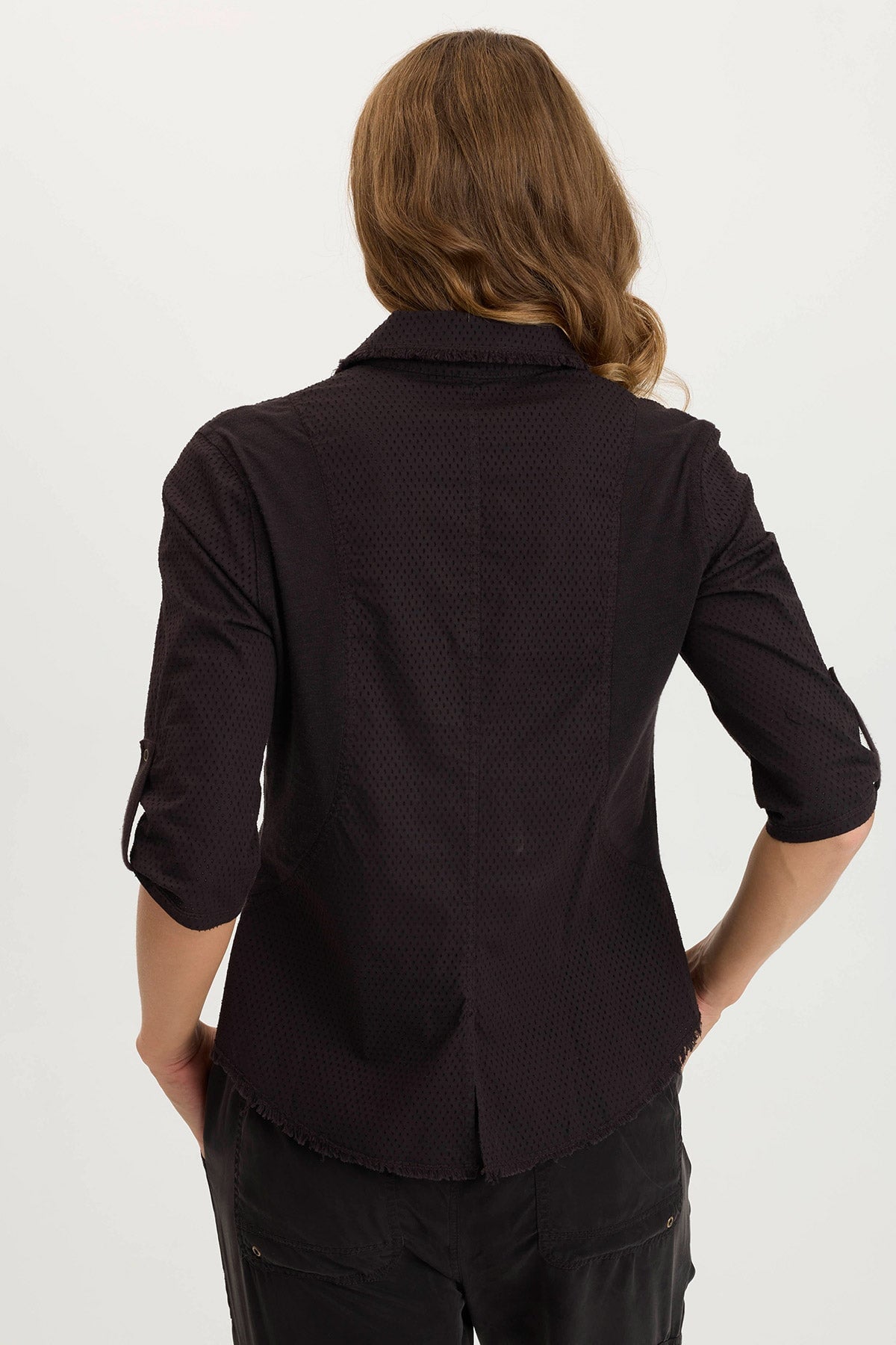 Arvin Perforated Poplin & Jersey 3/4 Sleeve Snap-Up Shirt - Women's Casual Button Down Top for Work & Weekend Outfits