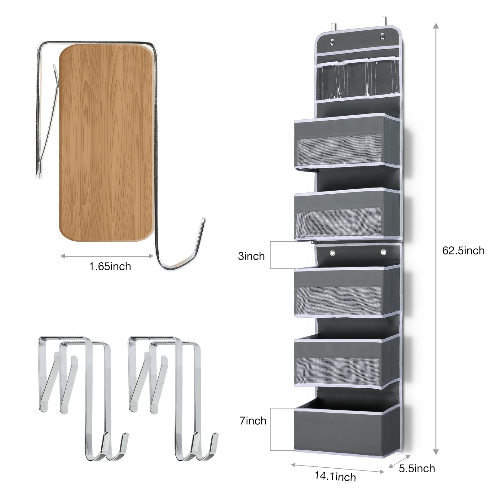 Over Door Organizer with 6 Shelves - Hanging Closet & Bathroom Storage for Bedroom, Kitchen, Toys, Shoes & Stuffed Animals - Space Saving Grey Organizer for Home & Office Use