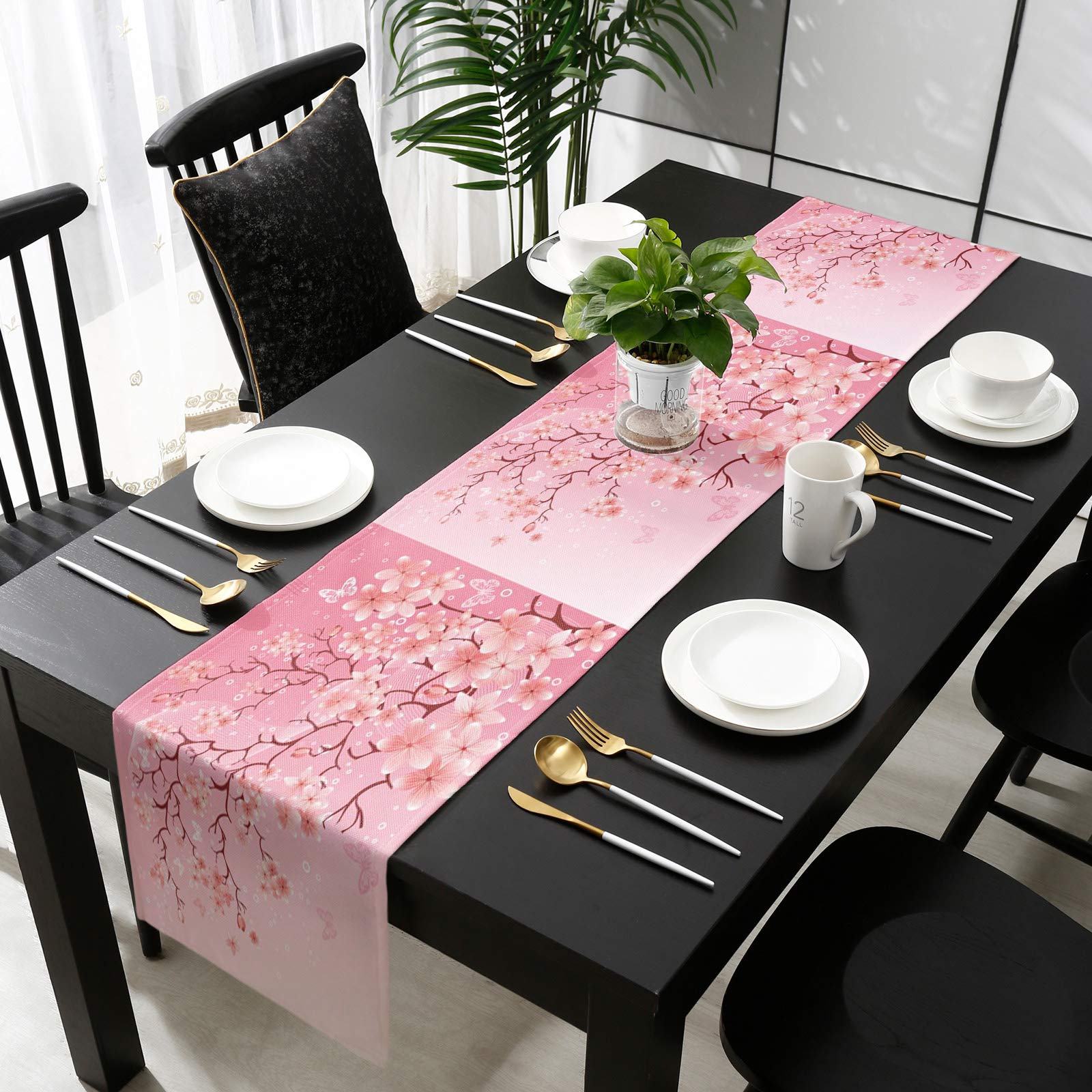 90 Inch Pink Cherry Blossom Burlap Table Runner with Floral Butterfly Design - Elegant Bed Runner, Dresser Scarf for Indoor/Outdoor Weddings, Parties & Home Decor (13