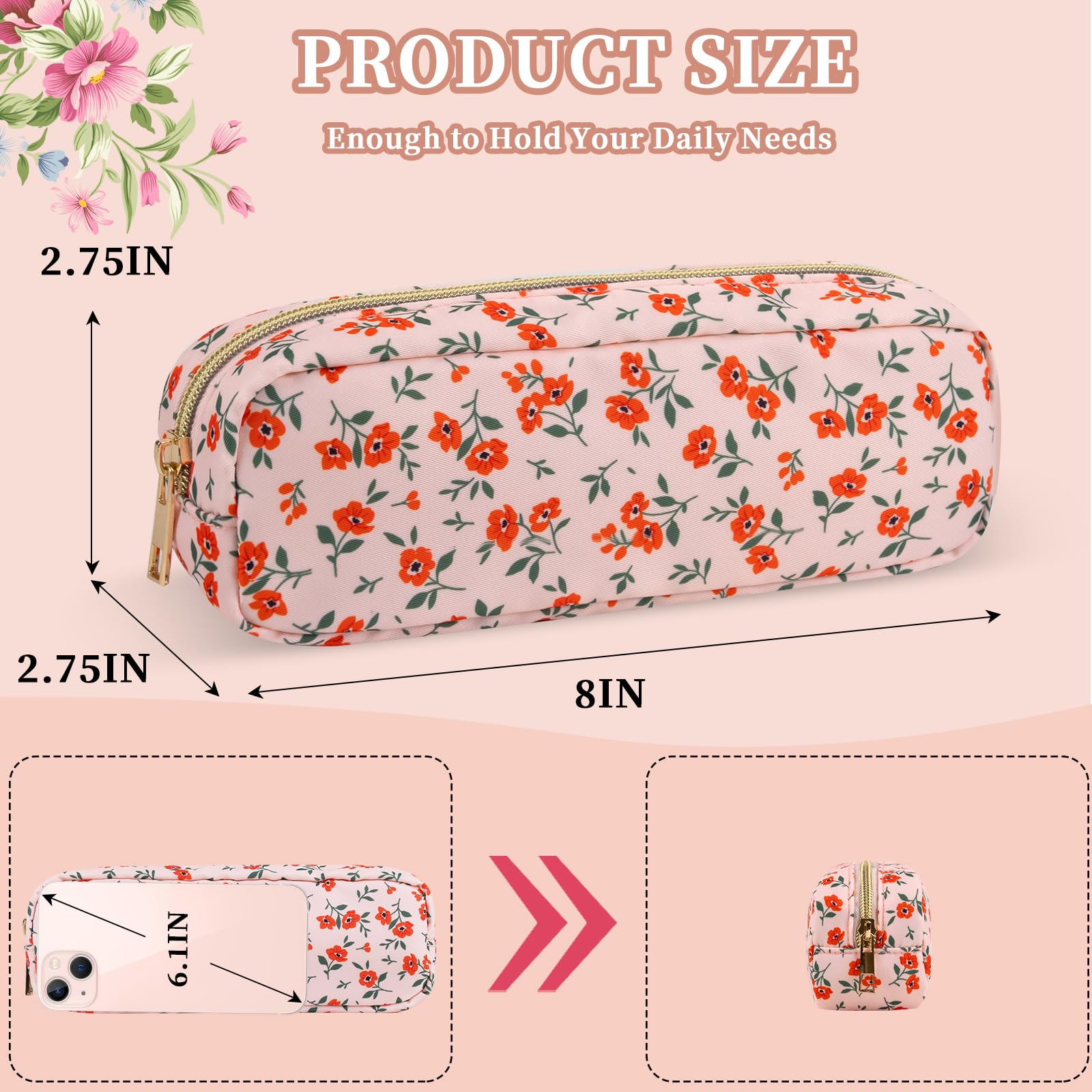 XSUIOY Floral Small Makeup Bag for Purse - Nylon Pencil Pouch, Coquette Aesthetic Cosmetic Organizer - Waterproof Travel Toiletry Bag for Makeup Brushes & Essentials (Orange Floral) - Perfect for School, Work, Gym & Vacation Travel Accessories