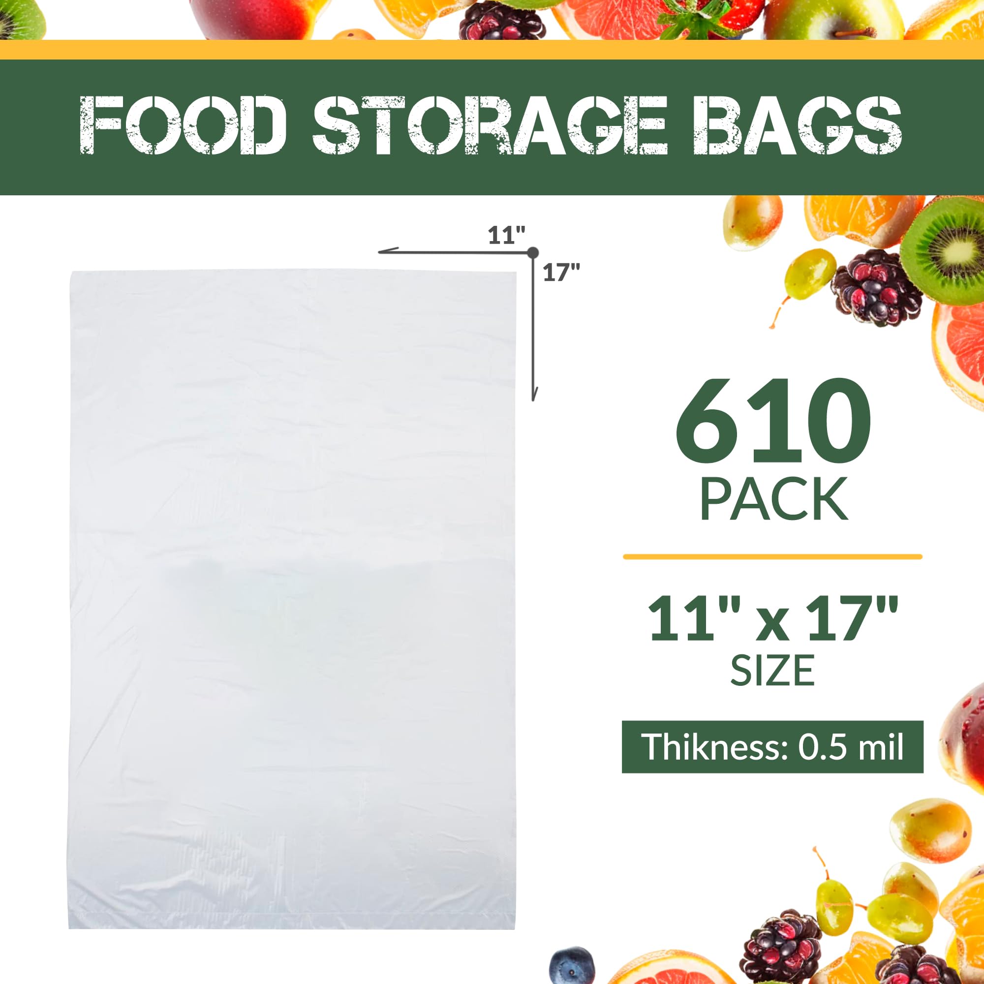 11 x 17 Inch Clear Plastic Produce Bags on Roll - 610 Count Food Storage Bags (0.5 Mil) for Meat, Fruits & Meal Prep | Perfect for Grocery Stores, Delis & Home Kitchen Organization