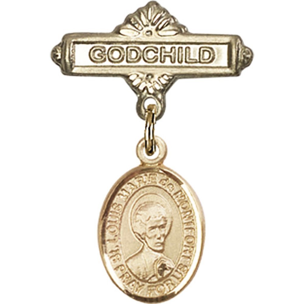 St. Louis Marie de Montfort Gold Filled Baby Badge Pin - 1 X 5/8 Inches - Religious Godchild Charm for Baptism, Christening & First Communion Gifts
