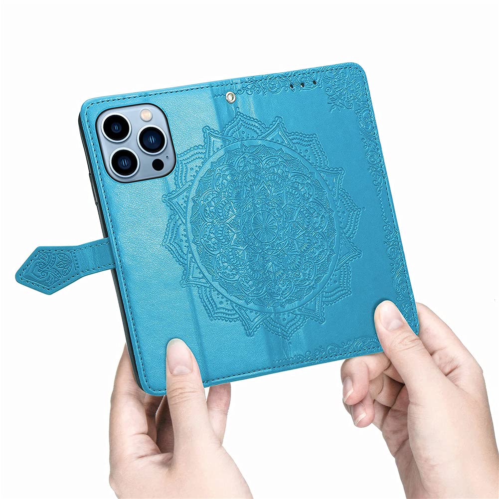 Apple iPhone 13 Pro Max Case - PU Leather Flip Wallet Cover with Card Holder & Kickstand | Mandala Embossed Design | Protective Phone Case for iPhone 13 Pro Max (Blue Mandala) | Perfect for Work, Travel & Everyday Use