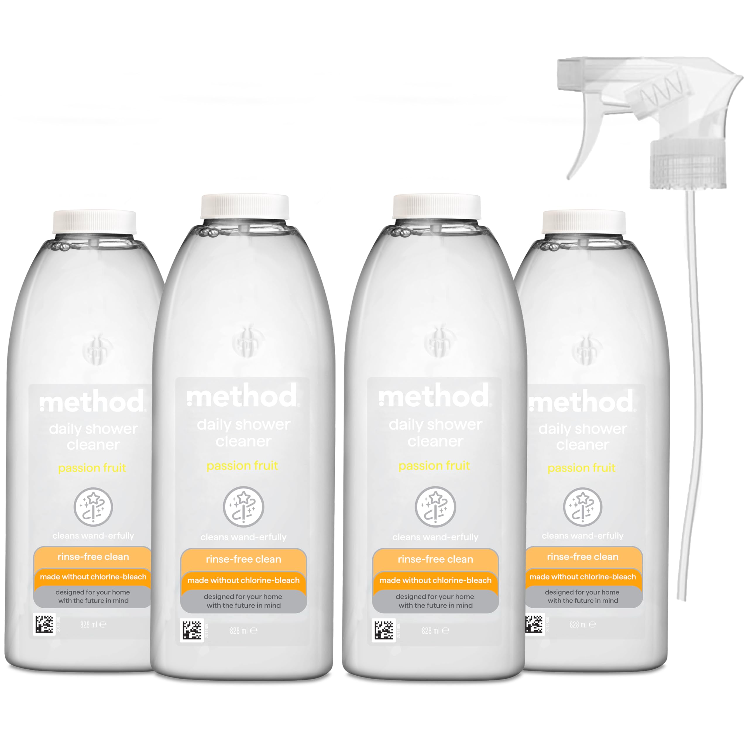 Method Shower Cleaner Spray - No Rinse Surface Cleaner, Passion Fruit Scent (Pack of 4 x 828ml) - Effortless Bathroom Cleaning for Tiles, Glass & Fixtures