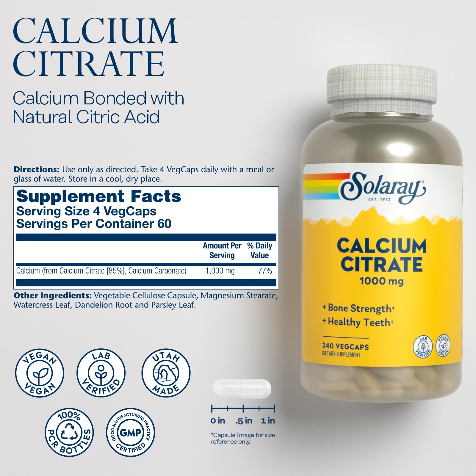 Solaray Calcium Citrate 1000mg - Chelated Calcium Supplement for Bone Strength & Healthy Teeth | Easy to Digest Vegan Formula | 60 Servings (240 VegCaps) | Supports Joint Health & Muscle Function - Perfect for Active Lifestyles & Post-Workout Recovery