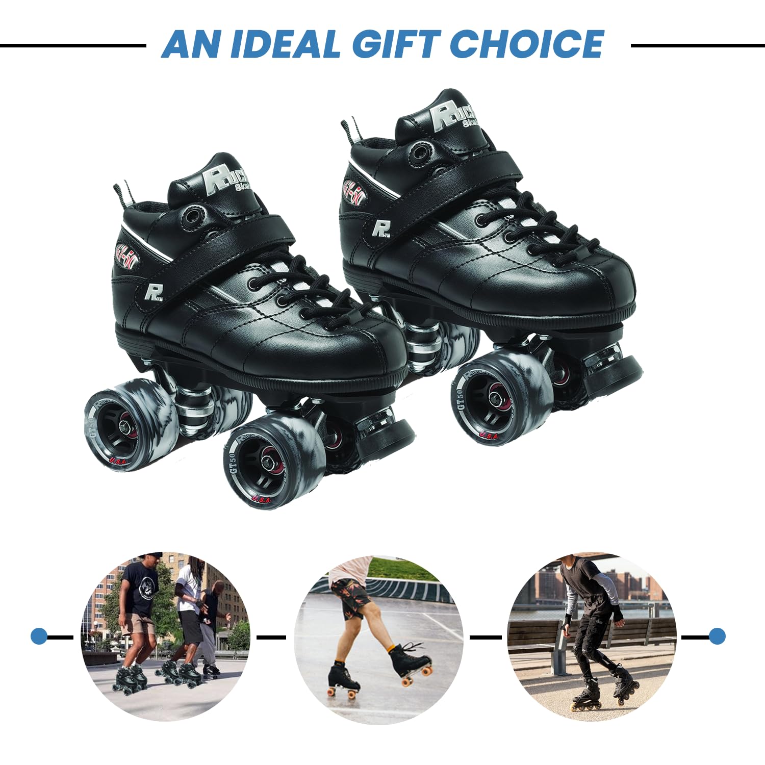Sure Grip Rock GT50 Black Unisex Roller Skates - Lightweight Nylon Composite with 62mm Swirl Wheels & ABEC-5 Bearings - Perfect for Indoor Rinks & Roller Derby