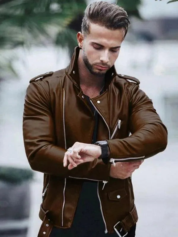 Men's Genuine Leather Biker Jacket with Zipper - Stylish Motorcycle Outerwear for Riding & Casual Wear