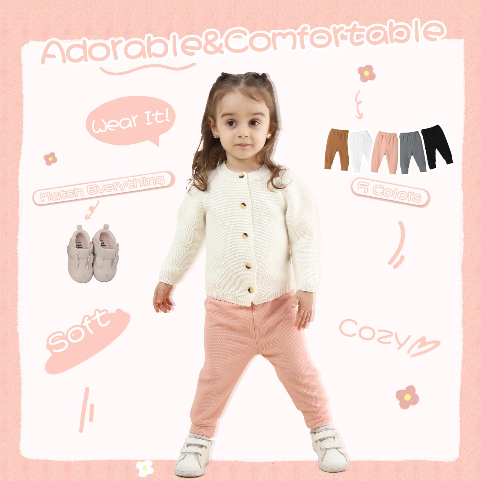 Newborn Baby Girl Pants Leggings - Ribbed Straight Flare Bell Bottoms (5-Pack) | Soft Cotton Infant Toddler Leggings for Playtime, Daycare & Photo Shoots