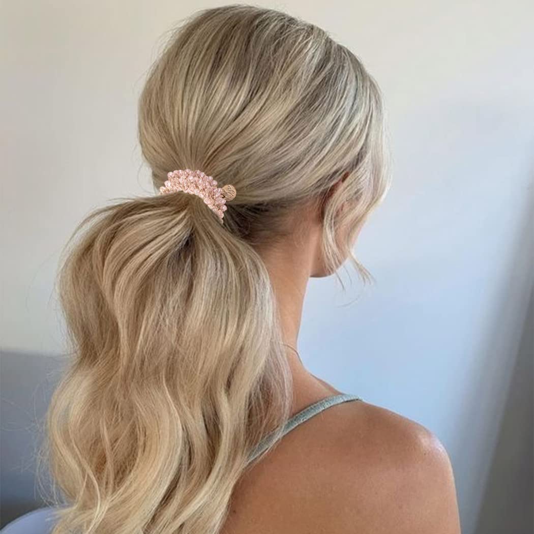 Brinie White Elastic Hair Scrunchies with Crystal Beads - 3 Pack Hair Ties & Ponytail Holders for Women & Girls - Perfect for School, Work, Gym & Everyday Styling