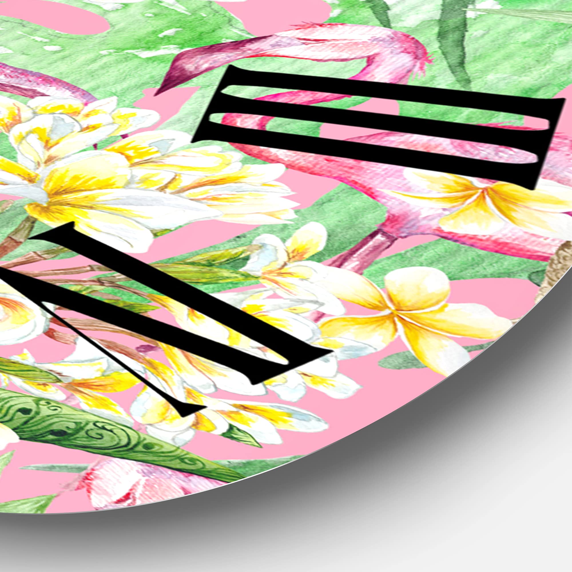 DesignQ Modern Wall Clock 'Tropical Foliage with Yellow Flowers & Flamingo III' - Large Floral Botanical Wall Clock for Living Room, Bedroom & Office Decor | Perfect for Home, Office & Gift Giving