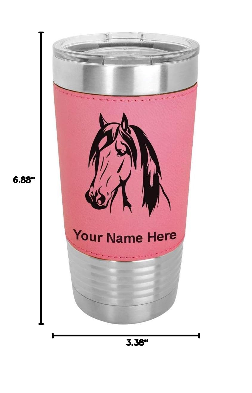 **20oz Vacuum Insulated Tumbler Mug with LaserGram Horse Head Design - Personalized Engraving, Faux Leather Handle, Pink - Perfect for Coffee, Tea & Cold Drinks at Home, Office or Travel**