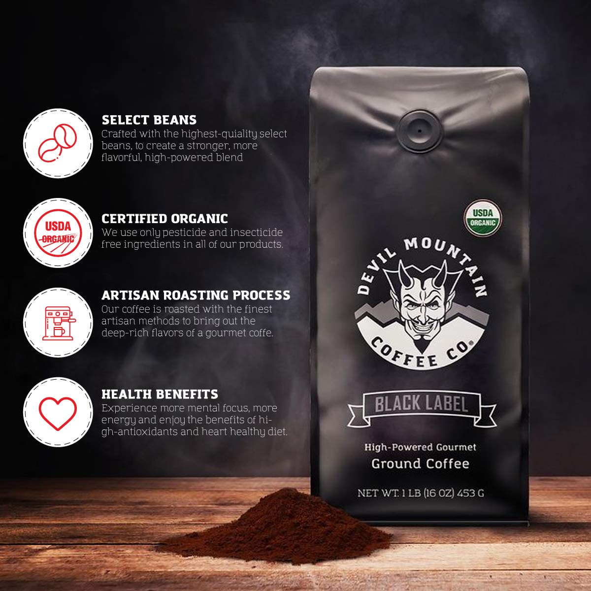 Devil Mountain Coffee Black Label Dark Roast Ground Coffee - Strong High Caffeine USDA Organic Fair Trade Gourmet Artisan Roasted - World's Strongest Coffee 16oz Bag - Perfect for Home Brewing, Office Use & Energy Boost
