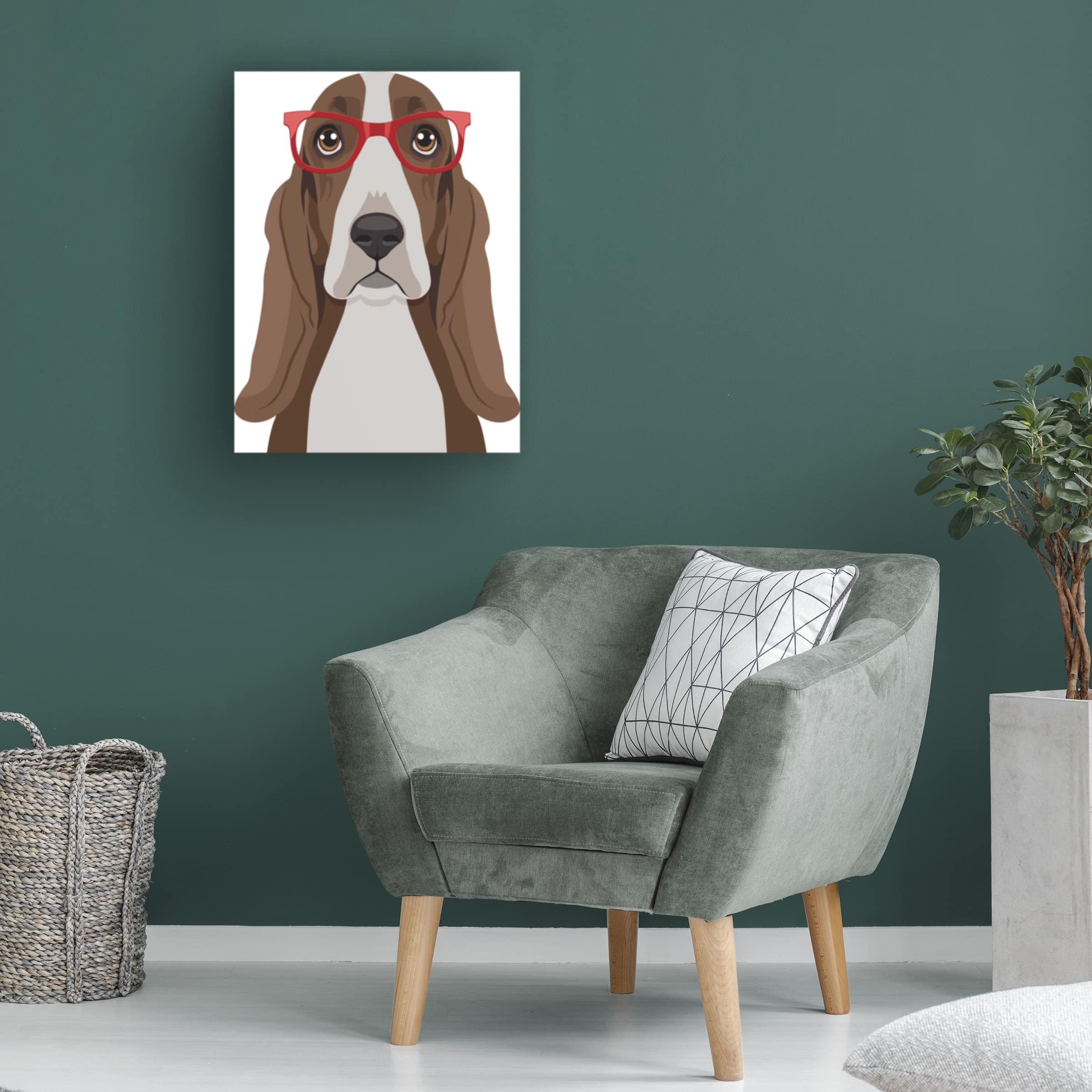 Basset Hound Wearing Hipster Glasses Canvas Wall Art - Modern Dog Portrait Painting for Living Room, Bedroom & Office Decor - Funny Pet Gift for Dog Lovers