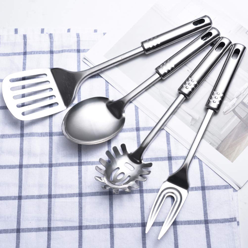7-Piece Stainless Steel Kitchen Utensil Set - Meat Fork, Colander, Soup Ladle & Cooking Tools for Baking, Grilling & Food Prep | Durable Cookware Gadgets for Home Chefs