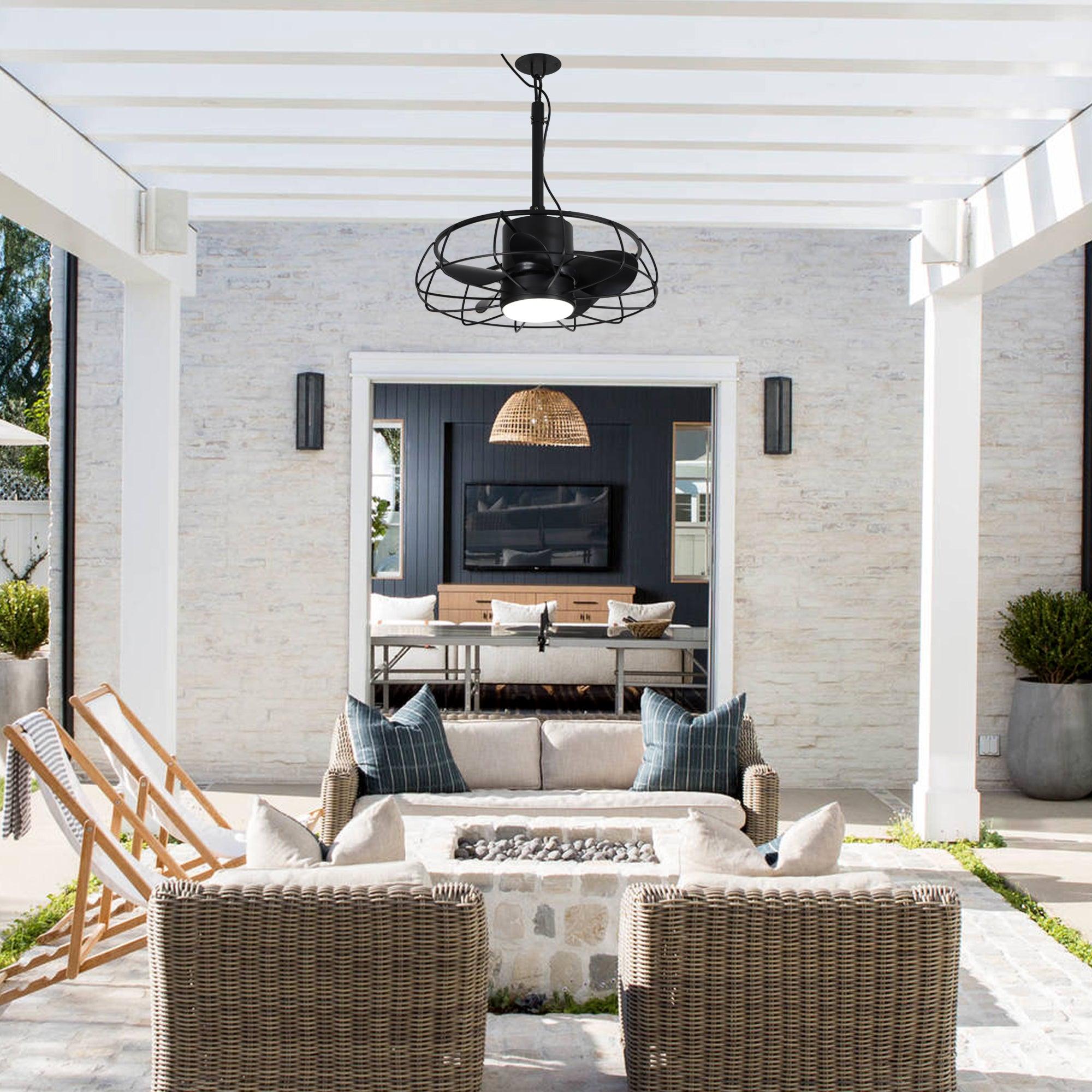 20 Inch Vistula Outdoor Ceiling Fan with Light - Black Industrial Style, DC Motor, Hanging Buckle Downrod - Perfect for Patio, Deck, and Covered Porch Cooling