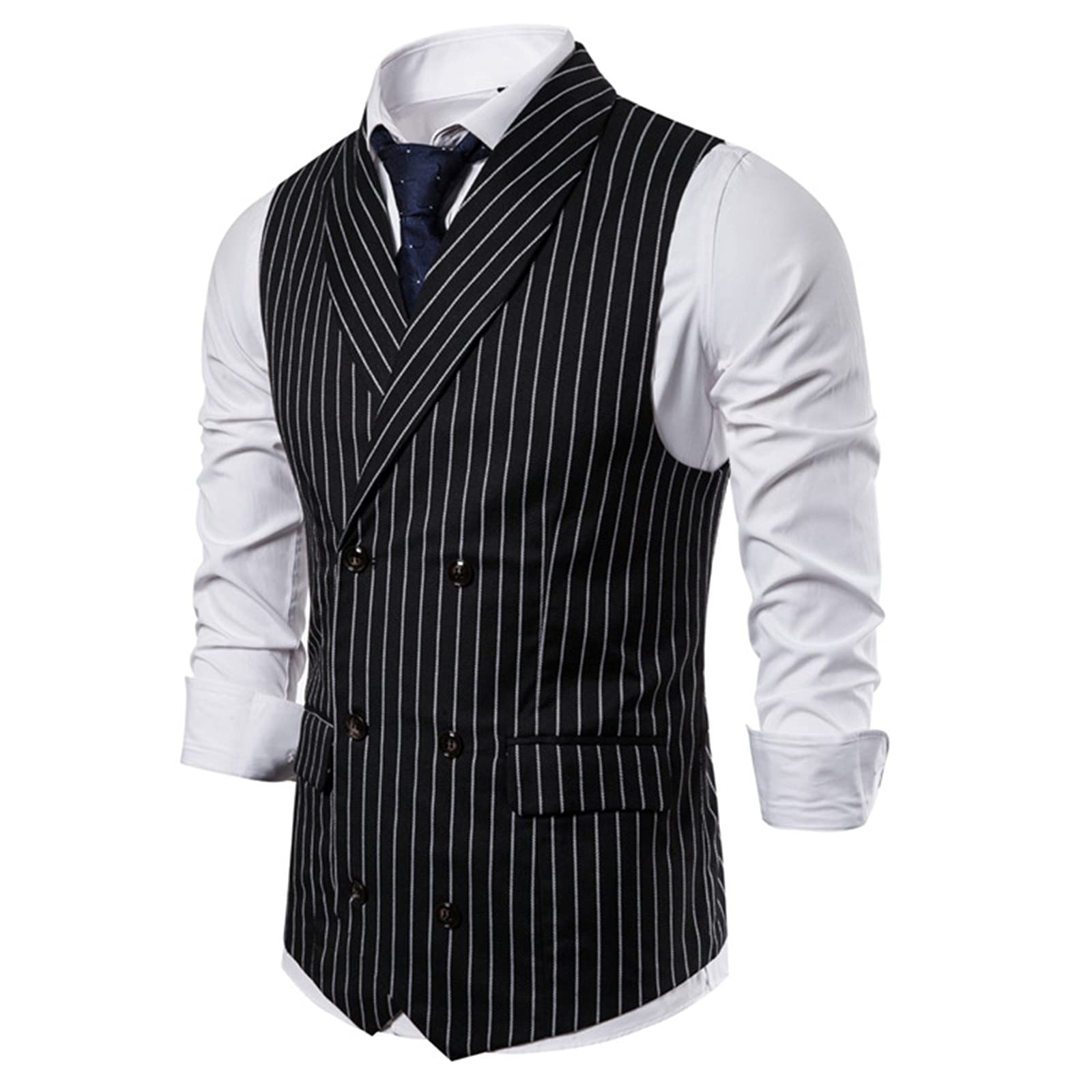 MKDEIAy Men's Double-Breasted Business Waistcoat - Striped Wedding Vest with Pockets for Formal Occasions & Office Wear | Perfect for Suits, Business Meetings and Special Events