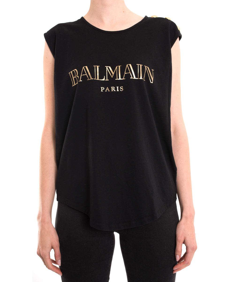 Balmain Gold Logo Tank Top with Gold Buttons - Women's Luxury Fashion Tops for Party, Club & Evening Wear