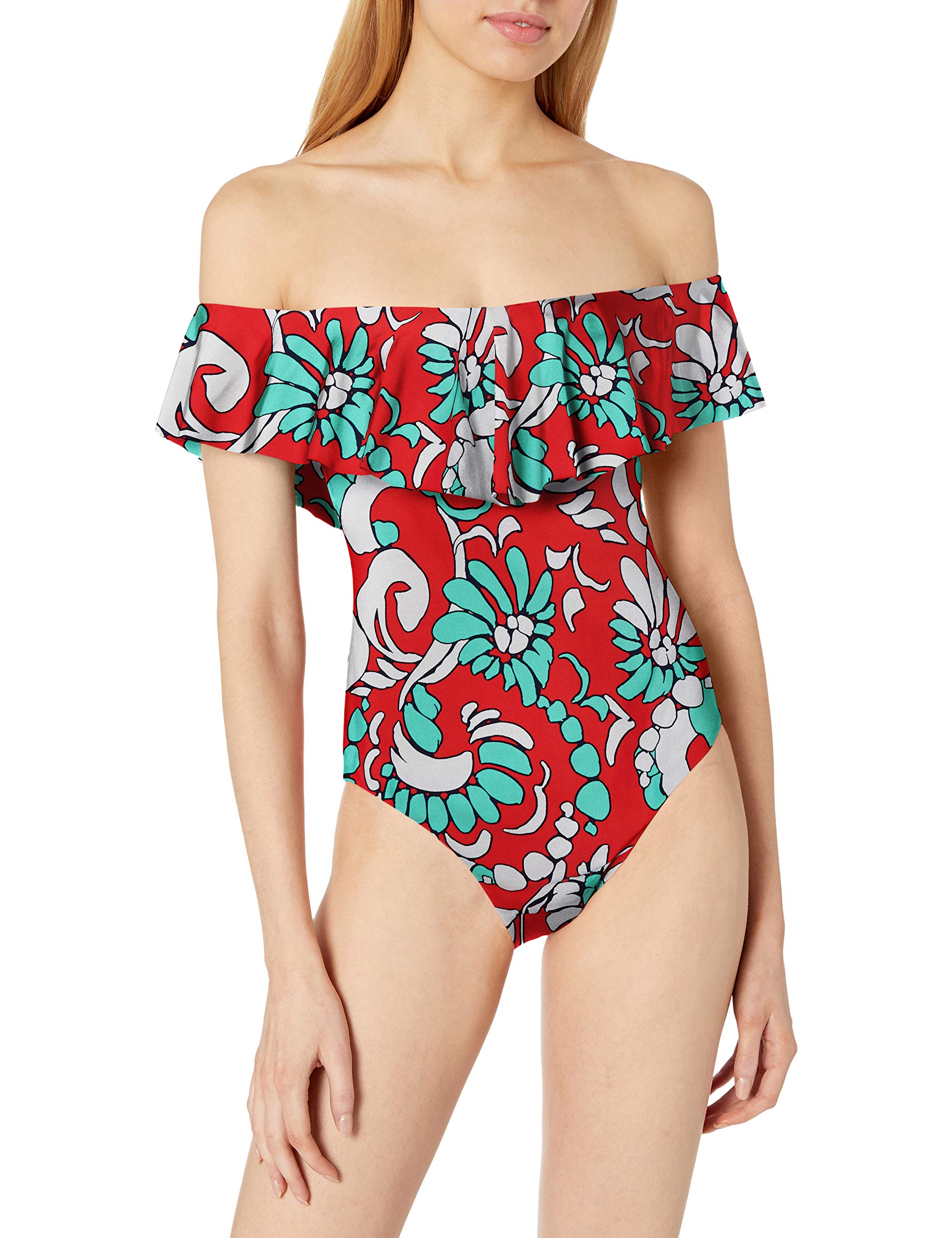 Trina Turk Women's Off Shoulder Ruffle Bandeau One Piece Swimsuit - Sexy Summer Beachwear for Pool Parties & Vacation