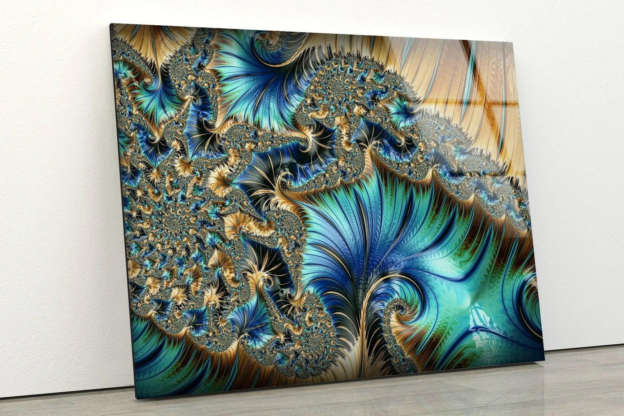 Blue Golden Fractal Glass Wall Art - Handmade Modern Abstract Decor for Living Room, Bedroom & Office - Unique Home Décor Gift Idea