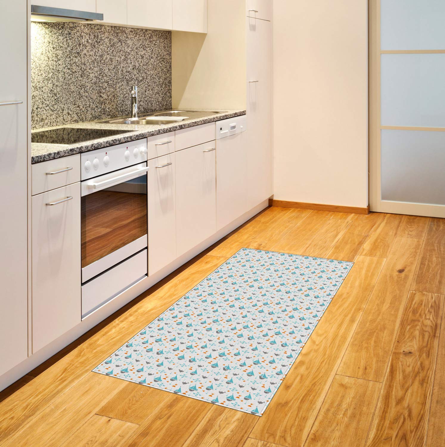 Ambesonne Orange Blue Sailboat Seagull Fish Pattern Area Rug - 2'6