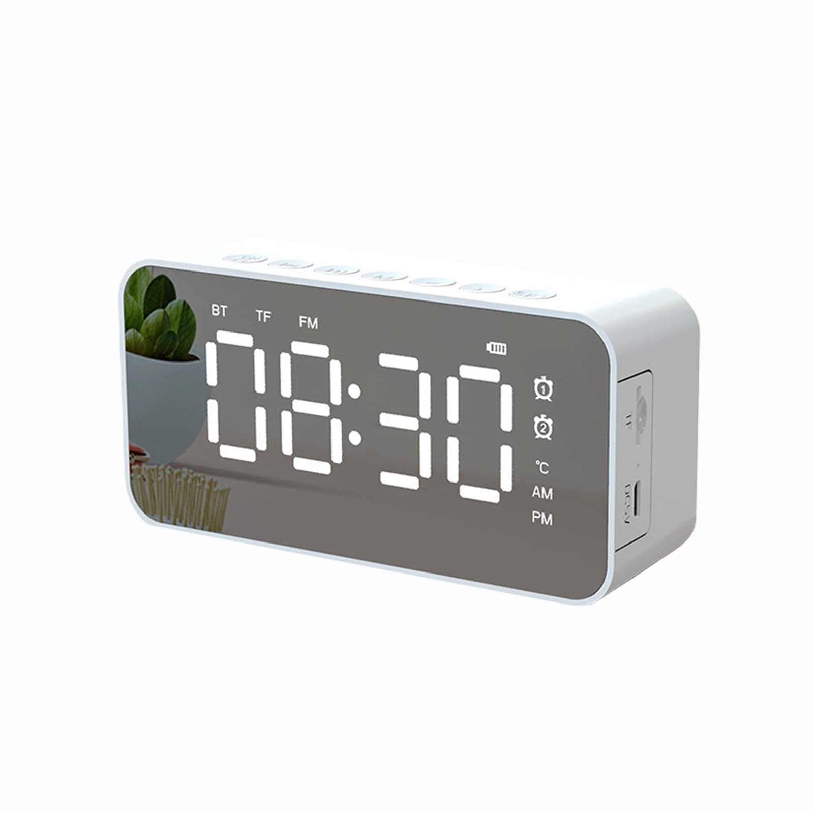 LAPUTA Digital Alarm Clock with Bluetooth 5.0, Wireless Rechargeable Speaker, FM Radio, Mirror Display & Snooze Function - White for Bedroom, Office, Nightstand (Perfect for Waking Up, Music Listening & Home Decor)