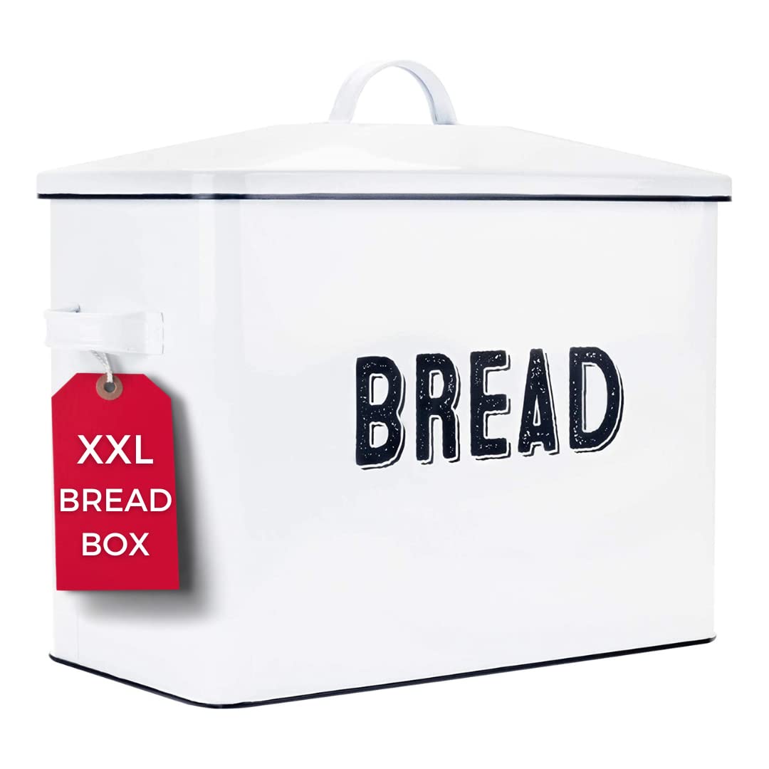 Granrosi Large Farmhouse Bread Box with Metal Lid - White Bread Storage Container for Kitchen Countertop - Perfect for Storing Bread, Baguettes, Rolls & Pastries to Keep Fresh Longer
