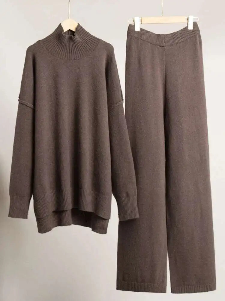 Big Size Red Sweater & Wide Leg Pants Two-Piece Suit - Women's Turtleneck Long Sleeve Outfit for Spring & Fall 2025 (1DH8550) | Office Wear, Casual Date Night & Holiday Fashion
