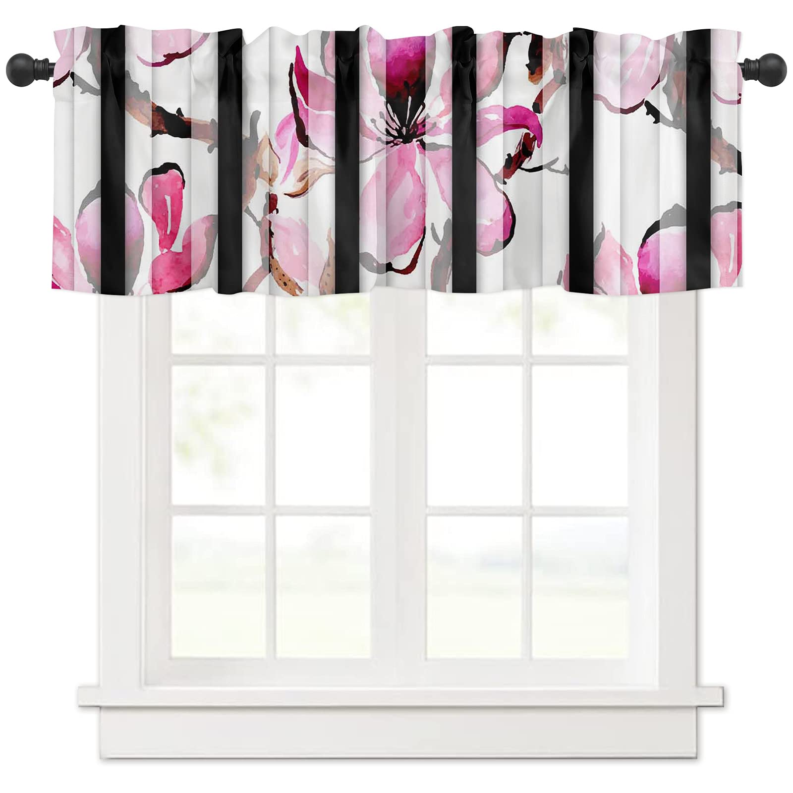 Watercolor Blooming Floral Window Valance Curtain 54x18 Inches - Pink Flower Black White Stripes Rod Pocket Tier Curtain for Bathroom, Kitchen, Living Room | Home Decor, Light Filtering, Easy to Install