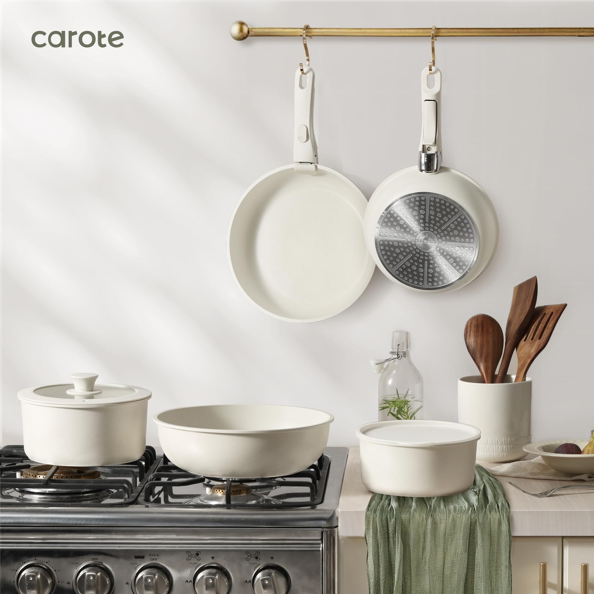 CAROTE Nonstick Cookware Set - 5-Piece Detachable Handle Pots and Pans Set, Oven Safe & Stackable Kitchen Cookware for RV, Camping, Small Spaces & Everyday Cooking (White)