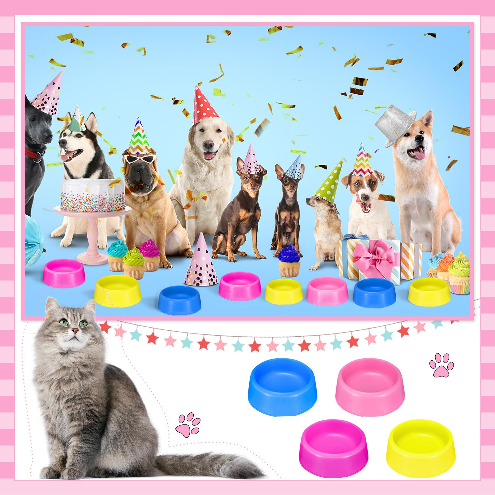 24-Pack Reusable Plastic Pet Bowls for Dogs & Cats - Colorful Food & Water Dishes for Puppy Birthday Party Supplies (Blue, Rose, Red, Yellow, Pink) - Perfect for Pet Parties, Feeding, and Candy Serving