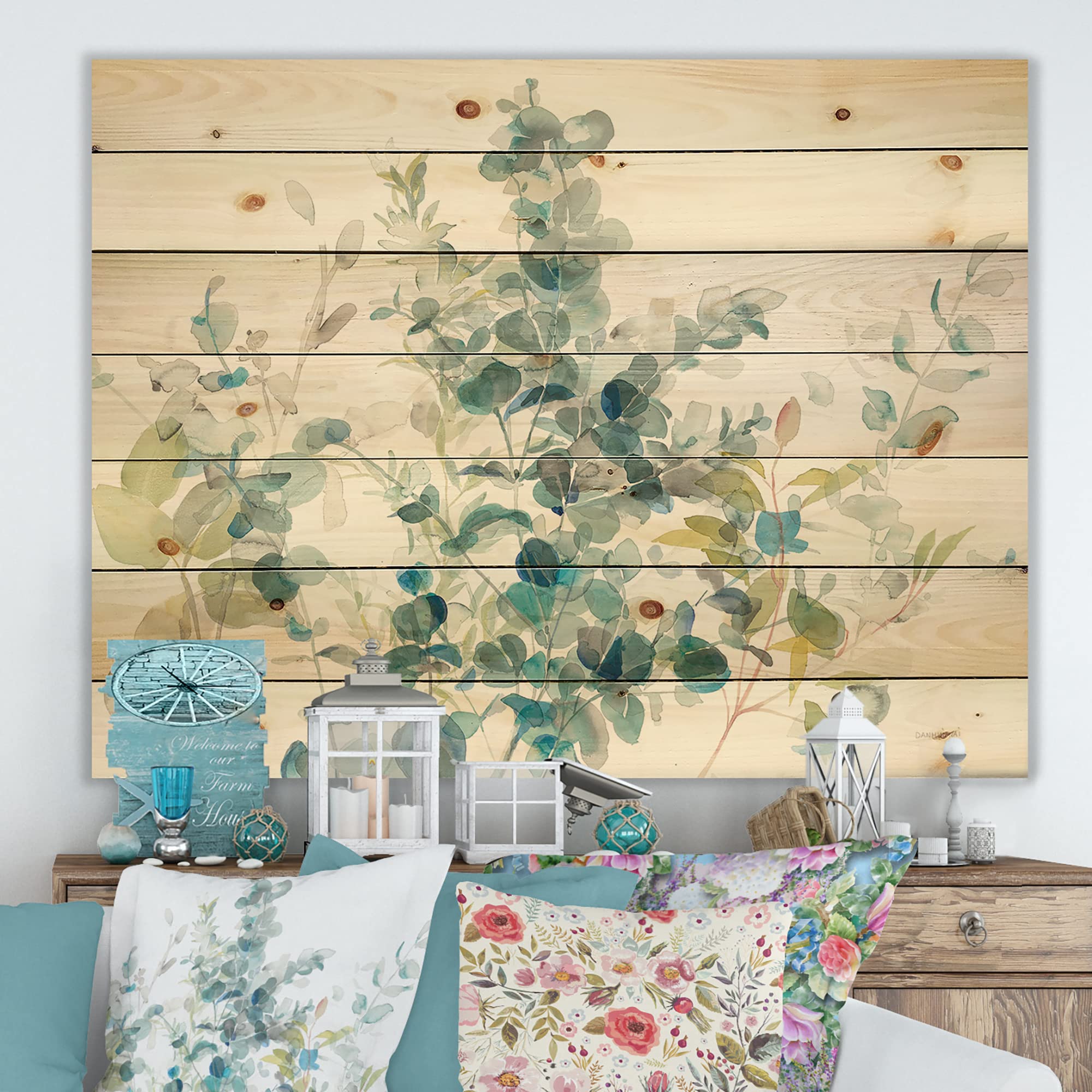DesignQ Blue Floral Wood Wall Art - Handcrafted Eucalyptus & Pine Wood Decor, Large Traditional Wall Panels for Living Room, Bedroom & Office