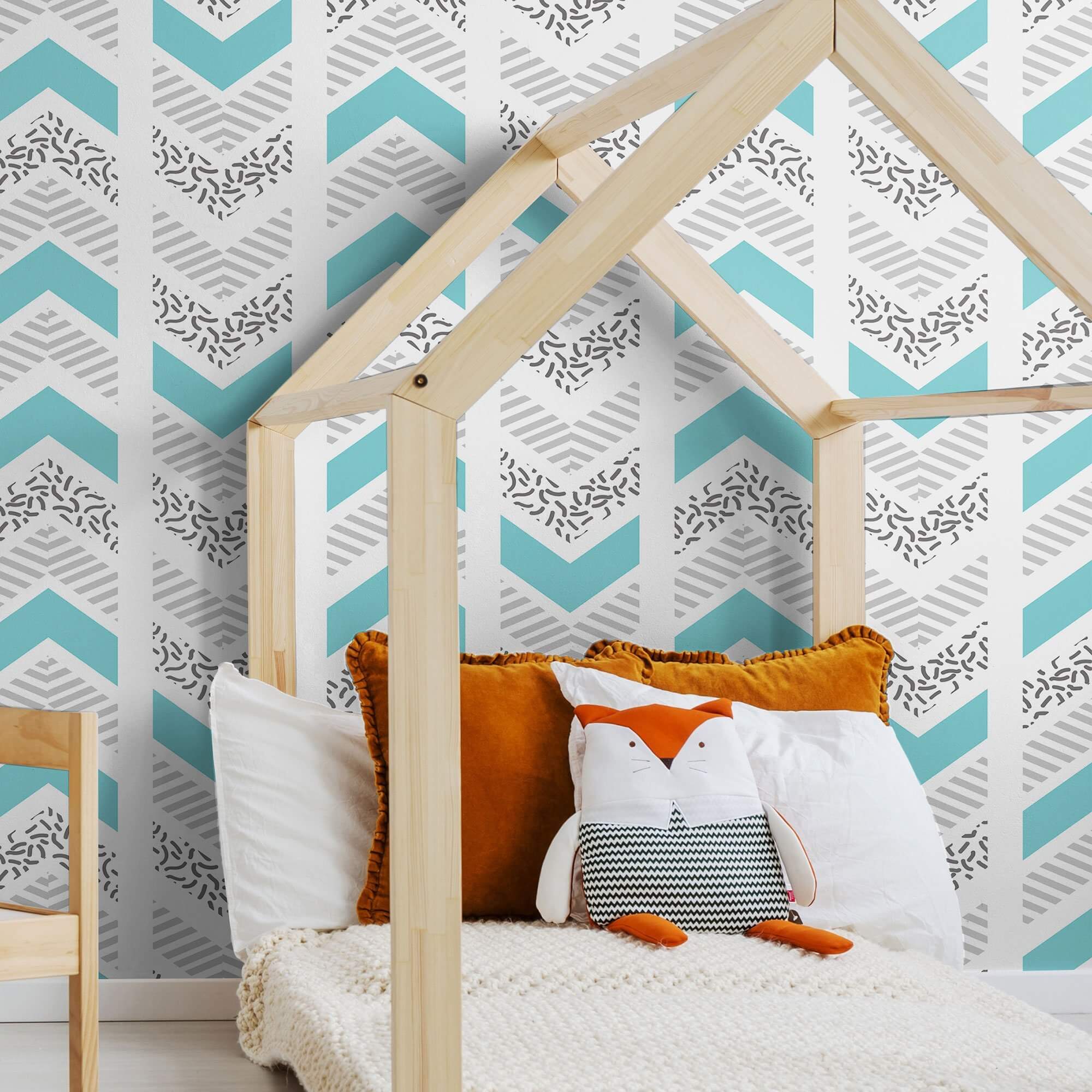 Silver and Blue Chevron Geometric Peel and Stick Removable Wallpaper - Self-Adhesive Decorative Wall Covering for Bedroom, Living Room, Nursery & Office Decor