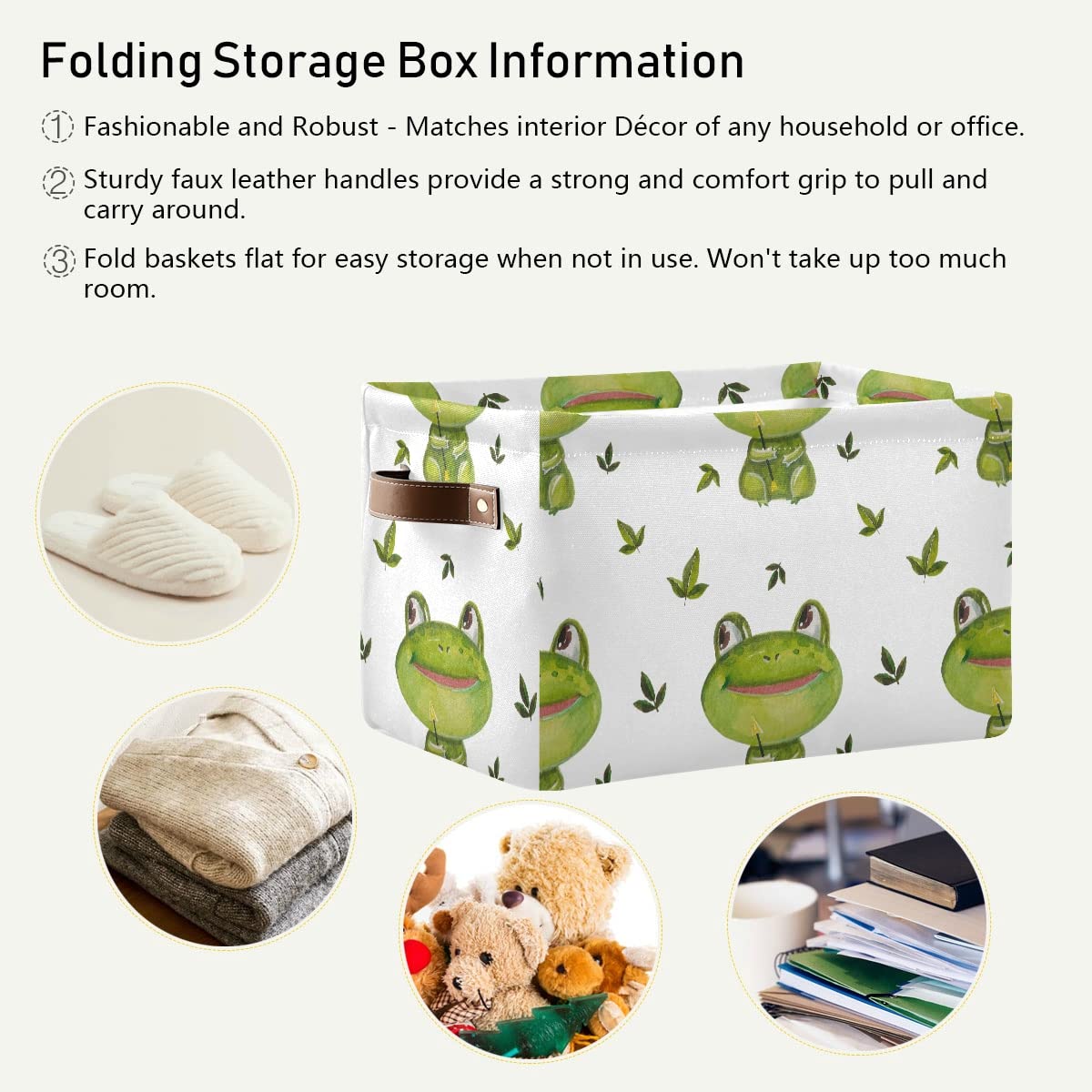 Foldable Fabric Storage Bins with Frog & Green Leaves Print - Large Capacity Closet Organizers with Reinforced Handles (2-Pack) | Space-Saving Storage Solution for Toys, Blankets & Seasonal Items | Perfect for Bedroom, Closet & Kids Room Organization | Ideal for Home, Nursery & Playroom Storage | Great for Organizing Baby Clothes, Books & Toys in Playrooms