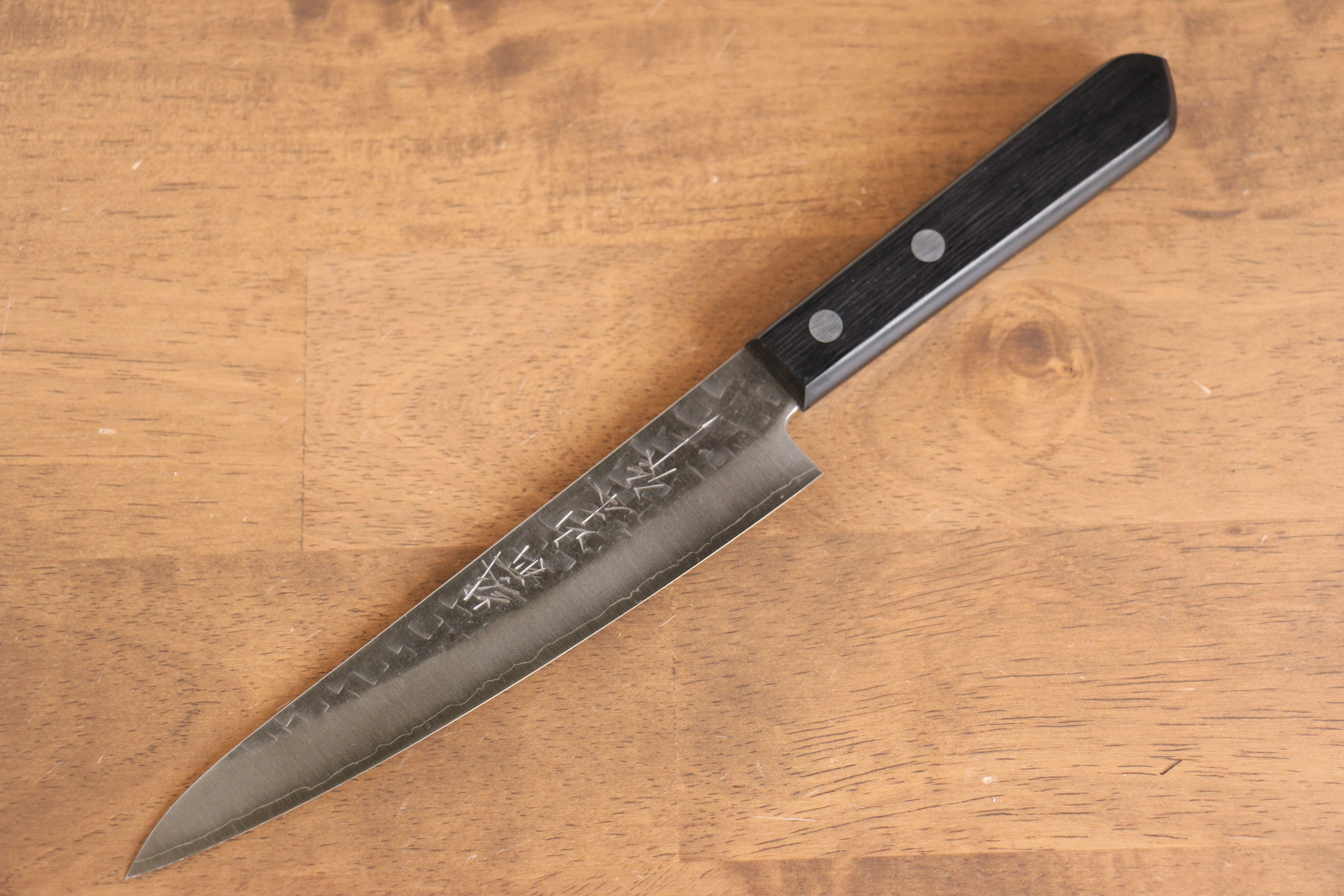 Nao Yamamoto 160mm Silver Steel No.3 Hammered Petty Utility Knife with Black Pakka Wood Handle - Perfect for Slicing, Chopping, and Precision Kitchen Tasks