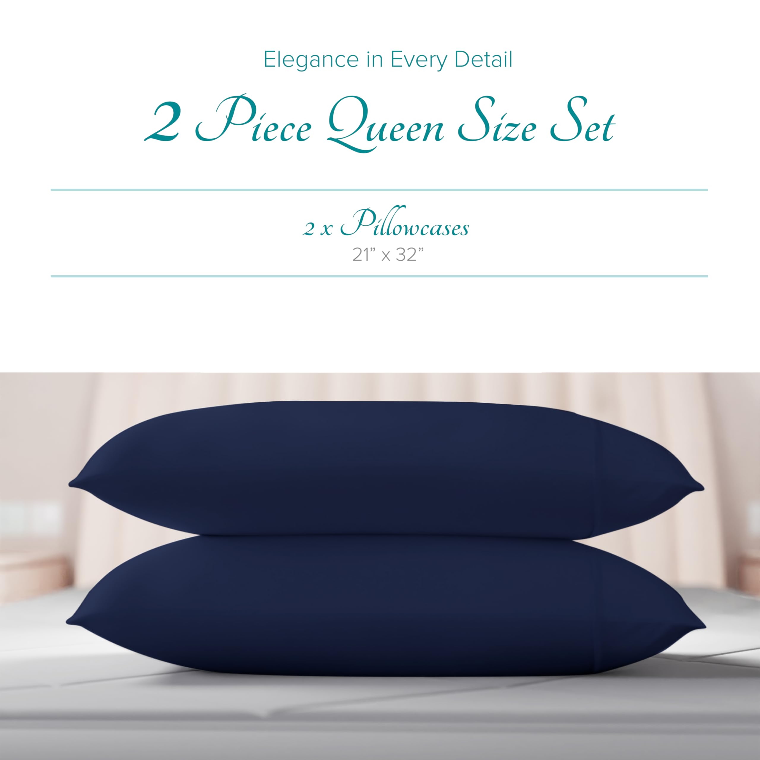 Premium 100% Egyptian Cotton Pillowcases Set of 2 - 800 Thread Count, Soft & Breathable Linen Pillow Covers for Standard/Queen Size - Cooling Navy Blue Bedding Accessories | Perfect for Home, Hotel, and Guest Room Decor