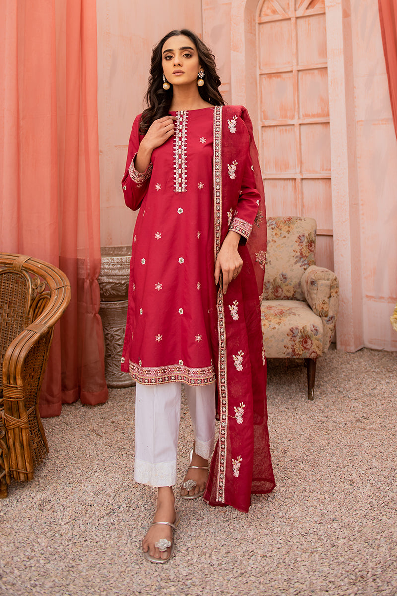 Carmine Rose 2-Piece Set (Shirt & Dupatta) - Elegant Ethnic Outfit for Weddings, Parties & Festive Occasions