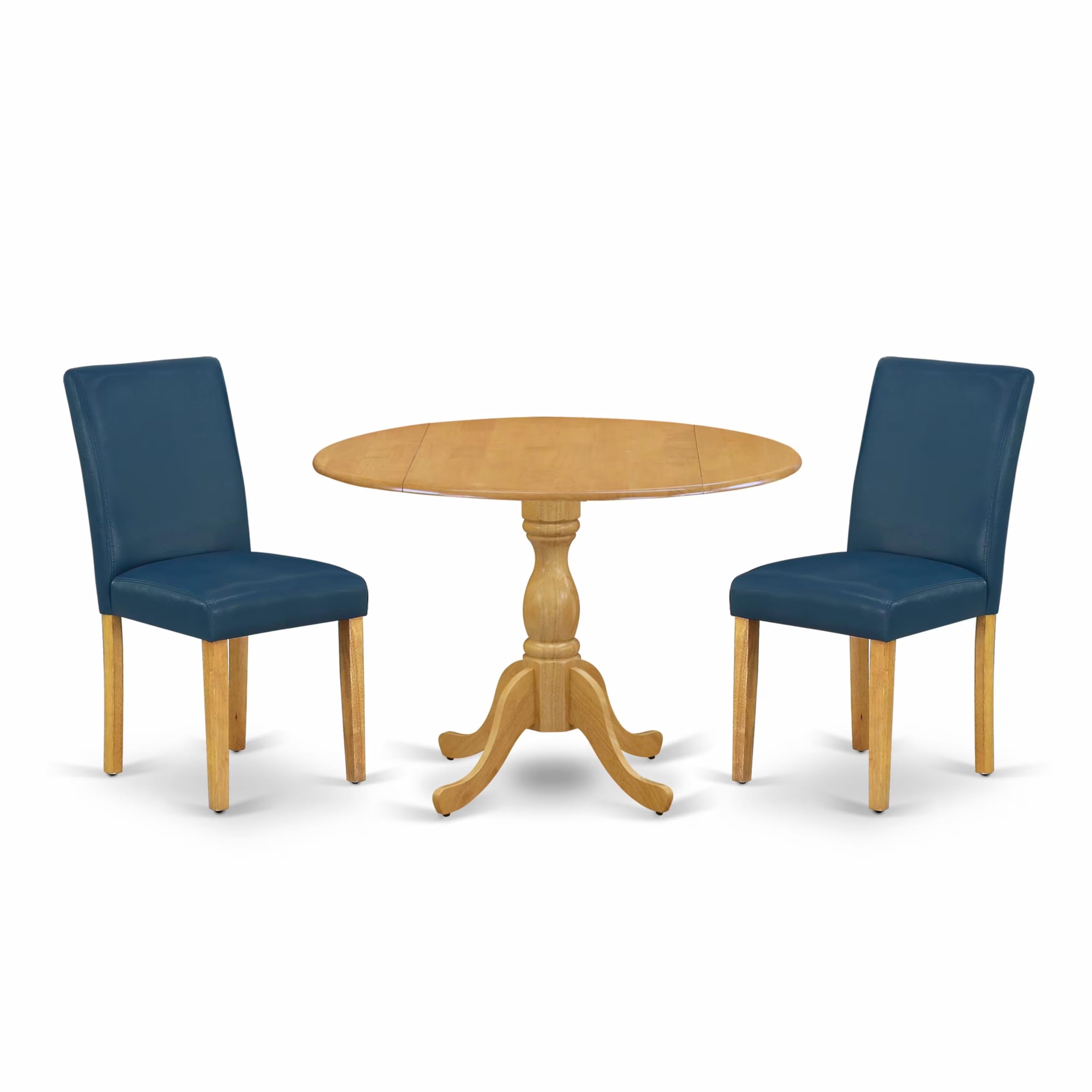 East West Furniture 3 Piece Dining Table Set with Dropleaf - 42x42 Inch Round Oak Table & 2 Oasis Blue Faux Leather Parsons Chairs | Perfect for Small Spaces, Breakfast Nooks & Cozy Dining Rooms