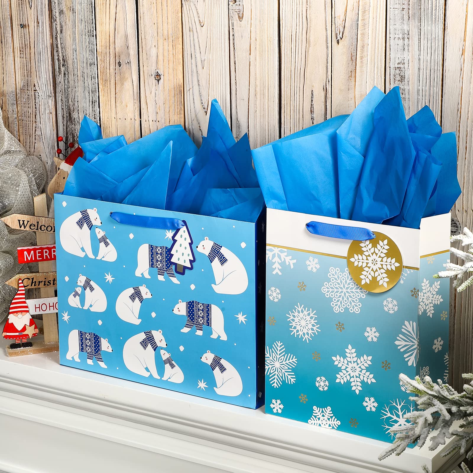 MAYPLUSS Christmas Gift Bags Set - 2 Pack Blue Bear Holiday Gift Bags for Christmas, Birthday, Party Favors, Wedding Presents - Perfect for Festive Wrapping & Gift Giving