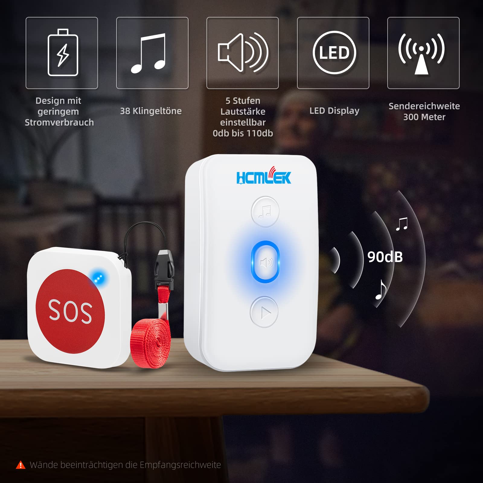 Hcmlek Emergency Call Button for Seniors - Wireless Personal Alarm with Loud Speaker, Fall Detection & Waterproof Design | Home Safety Alert System for Elderly, Disabled & Patients | Perfect for Bedside, Bathroom & Nursing Care
